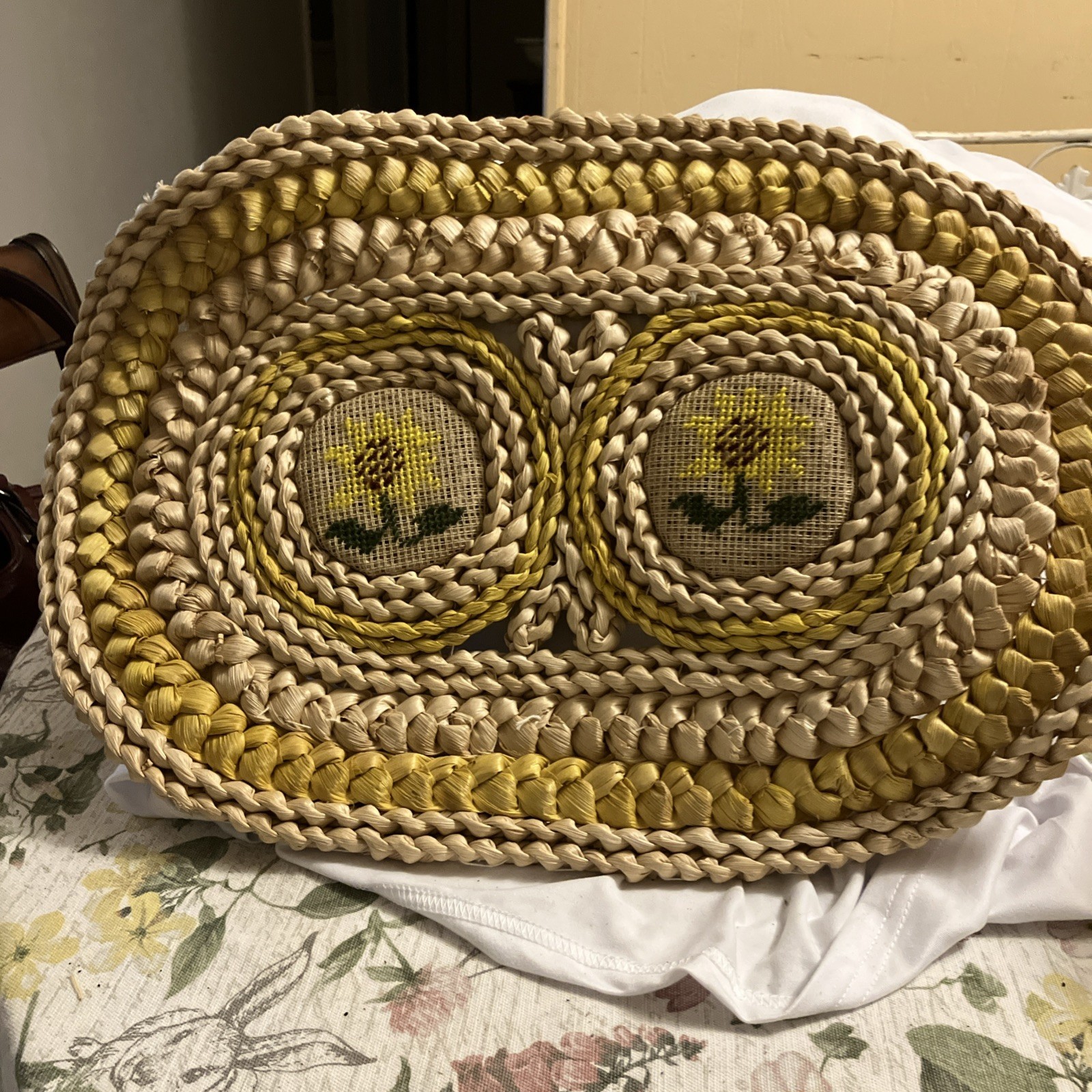 Vintage 70's Raffia And Needlepoint Double Trivet  placemat 