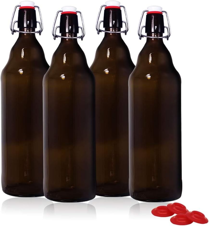 YEBODA 32 oz Amber Glass Beer Bottles for Home Brewing with Flip Caps, 