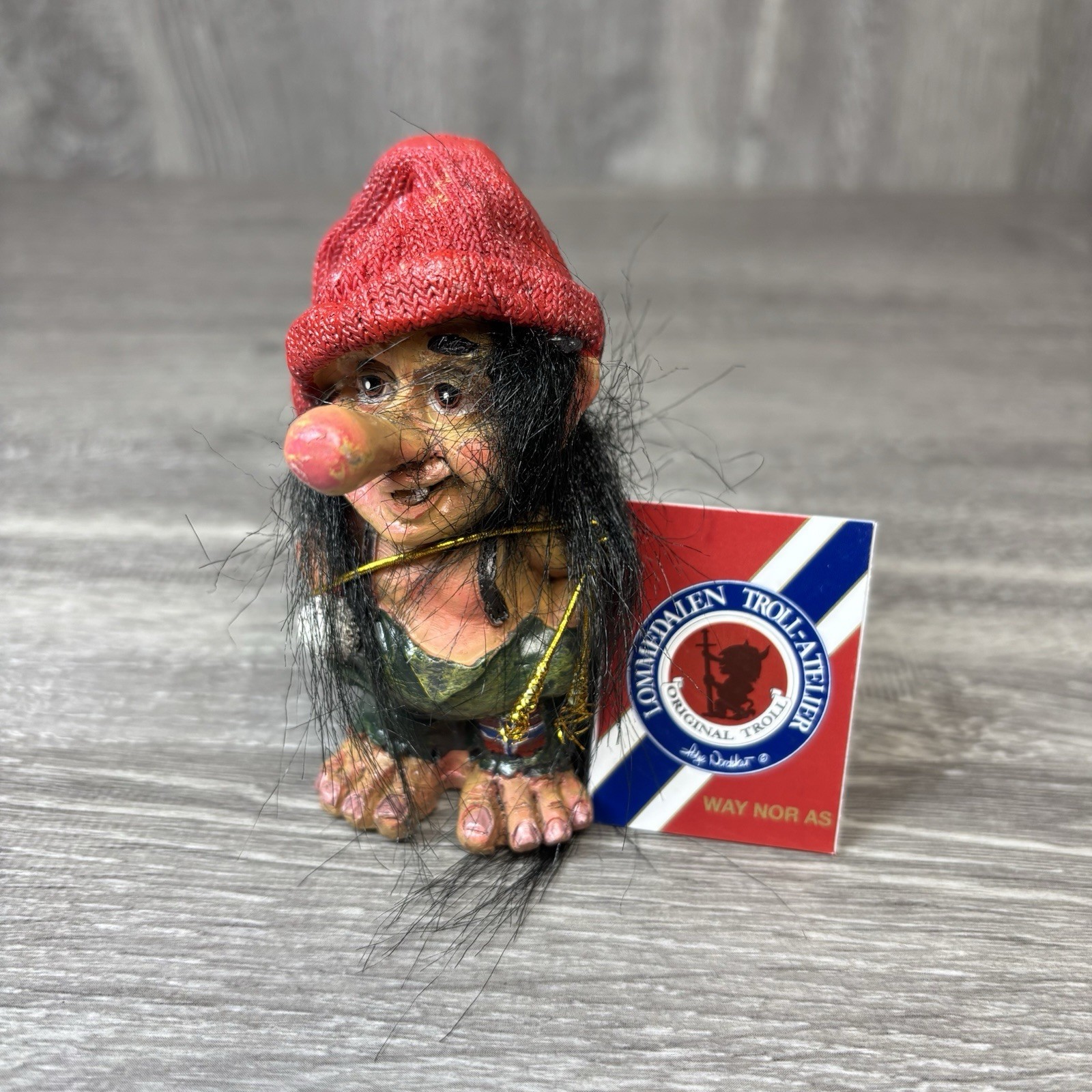 Vintage Lommedalen Troll - Atelier Small Figurine Red Hat Overalls With Tag 3.5”