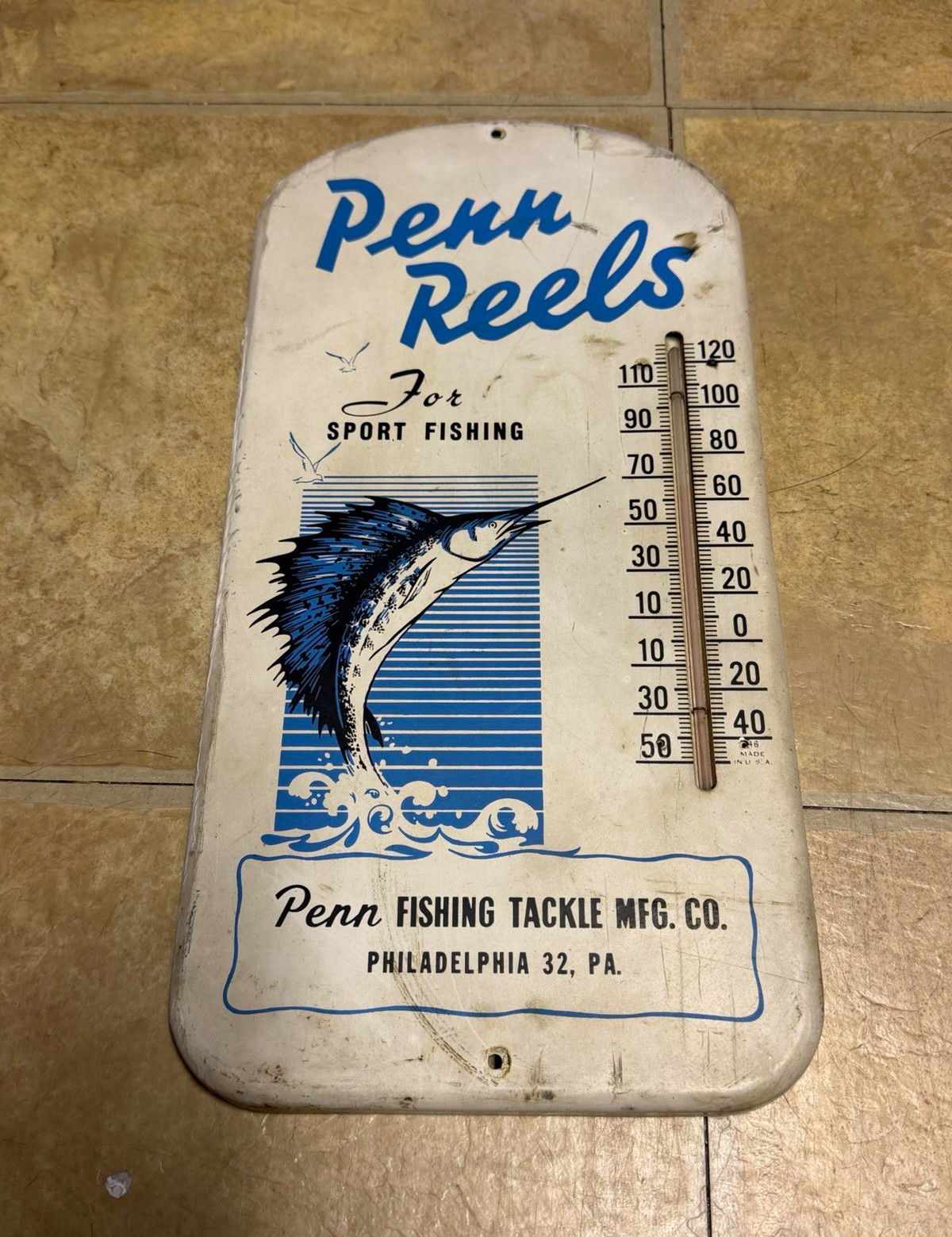 Penn Reels Sport Fishing Advertising sign Thermometer Vintage Philadelphia PA 32