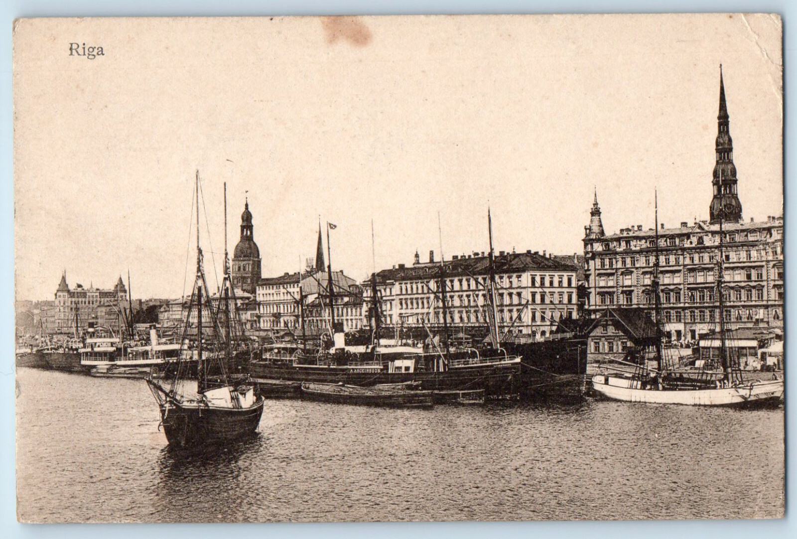 Latvia Postcard Riga Big Ship Sailing Building View 1916 Feldpost Posted