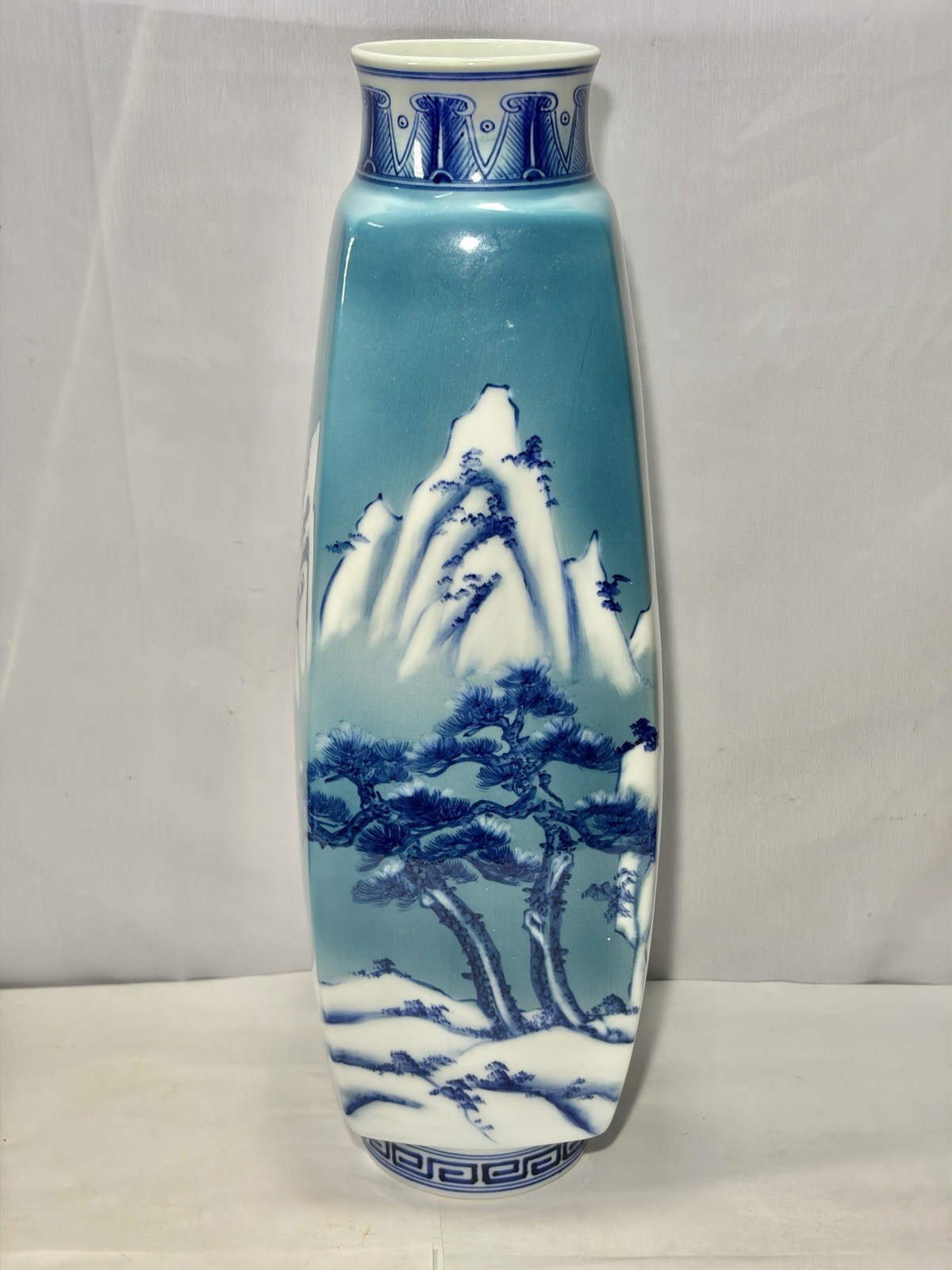 Vintage Jinmen Ceramic Factory Square Landscape Vase - Turquoise Ground Vintage Jinmen Ceramic Factory Square Landscape Vase - Turquoise Ground