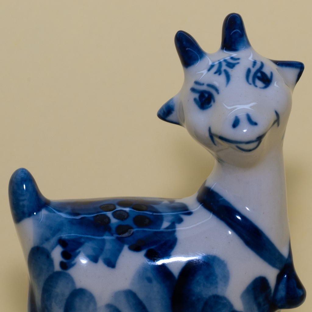Goat gzhel Figurine painted in blue porcelain handmade sumbol of 2027 year