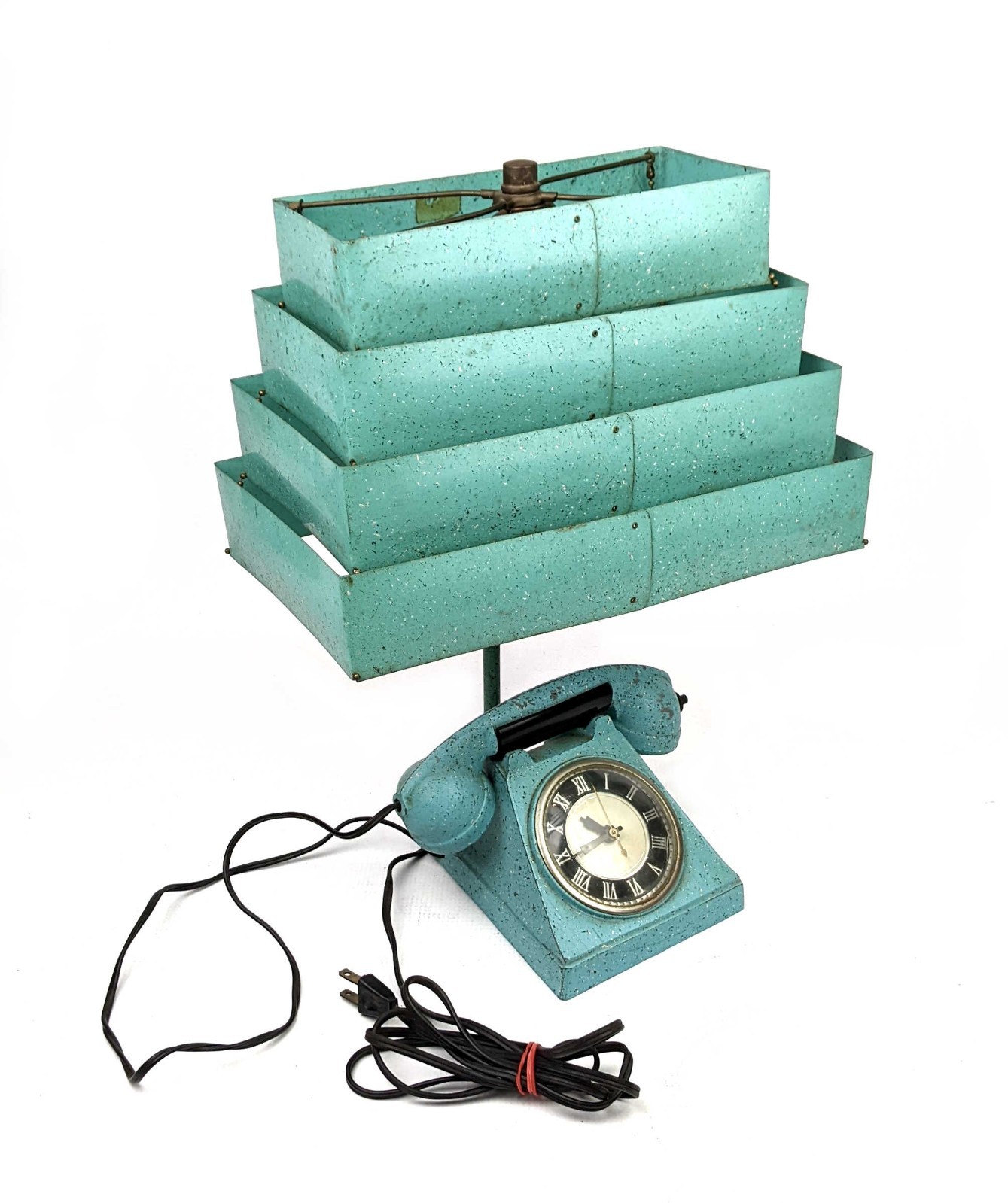 Vintage Trea Boye Kitsch Lighter Telephone Clock Teal Lamp Venetian Blind Shade