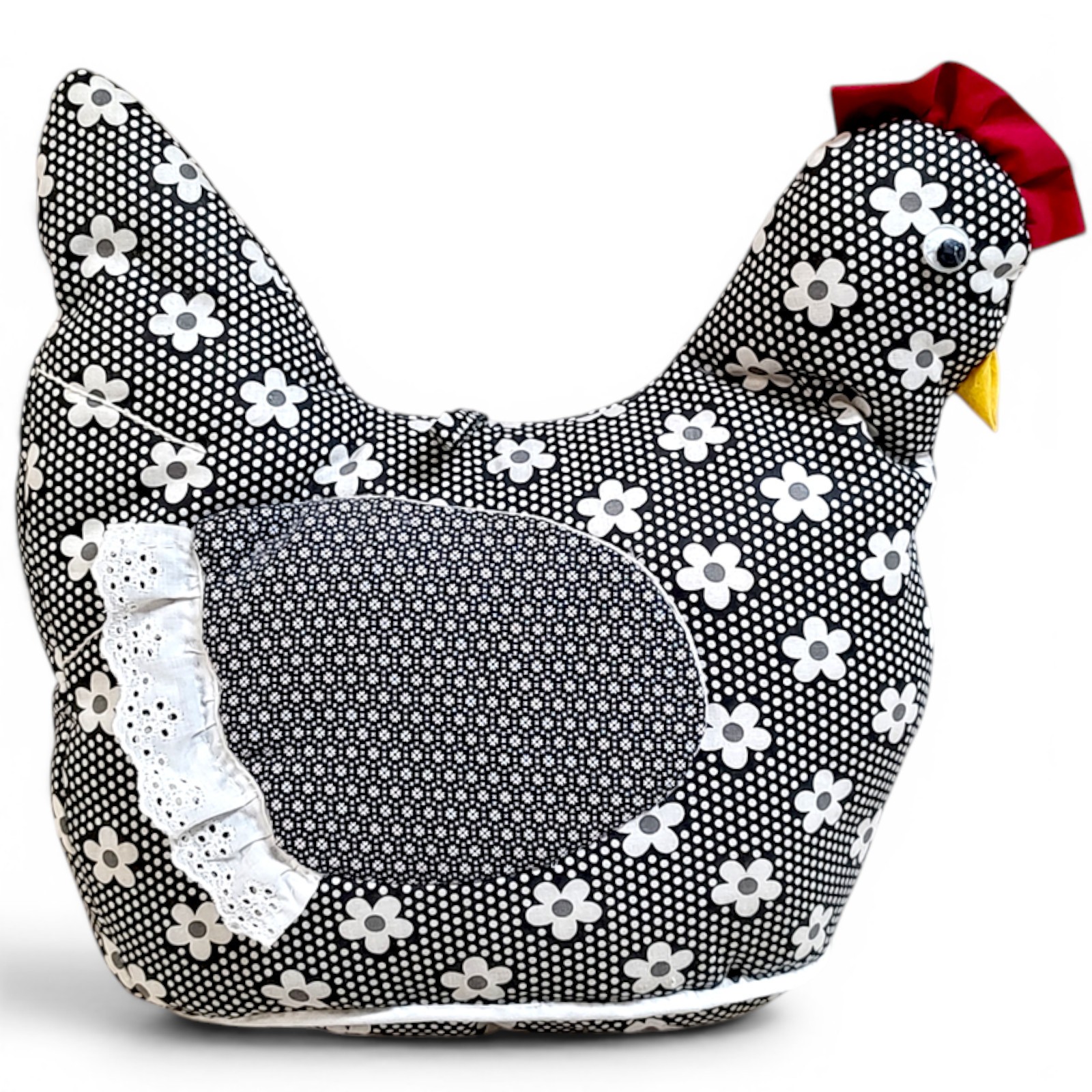 VTG 1980s Hand Sewn Hen Chicken Grey White Floral & Dots Country Farmhouse 