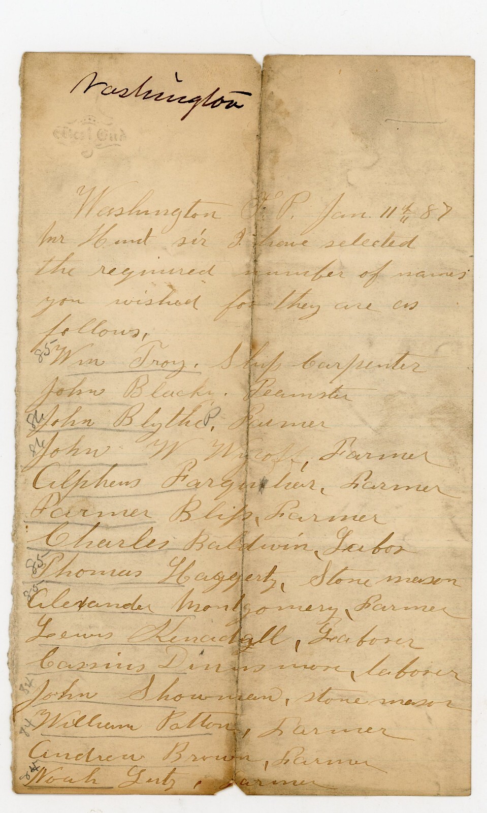 James Montgomery Signed Handwritten 1887 letter Washington Twp PA William Patton