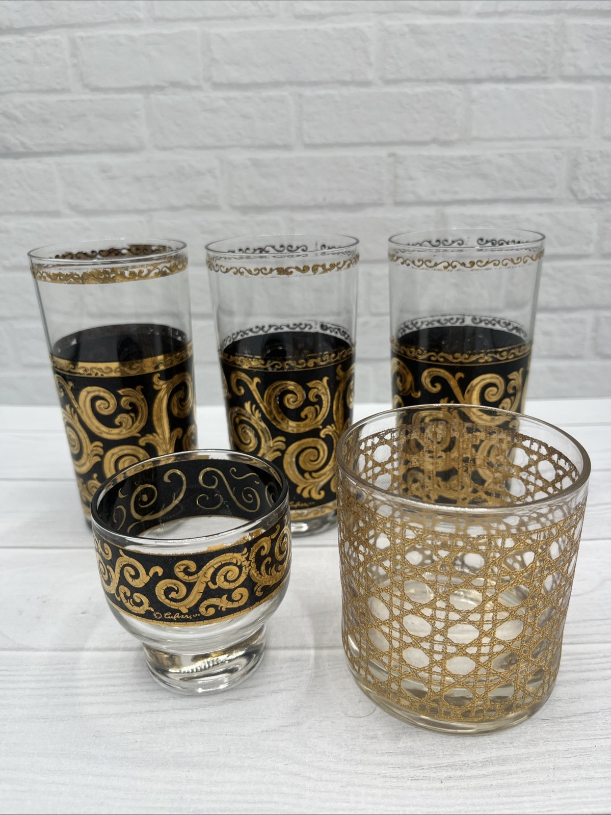 Vintage 1960s Culver Glass Barware Set - Ebony Baroque & Lattice, 5 Pieces READ