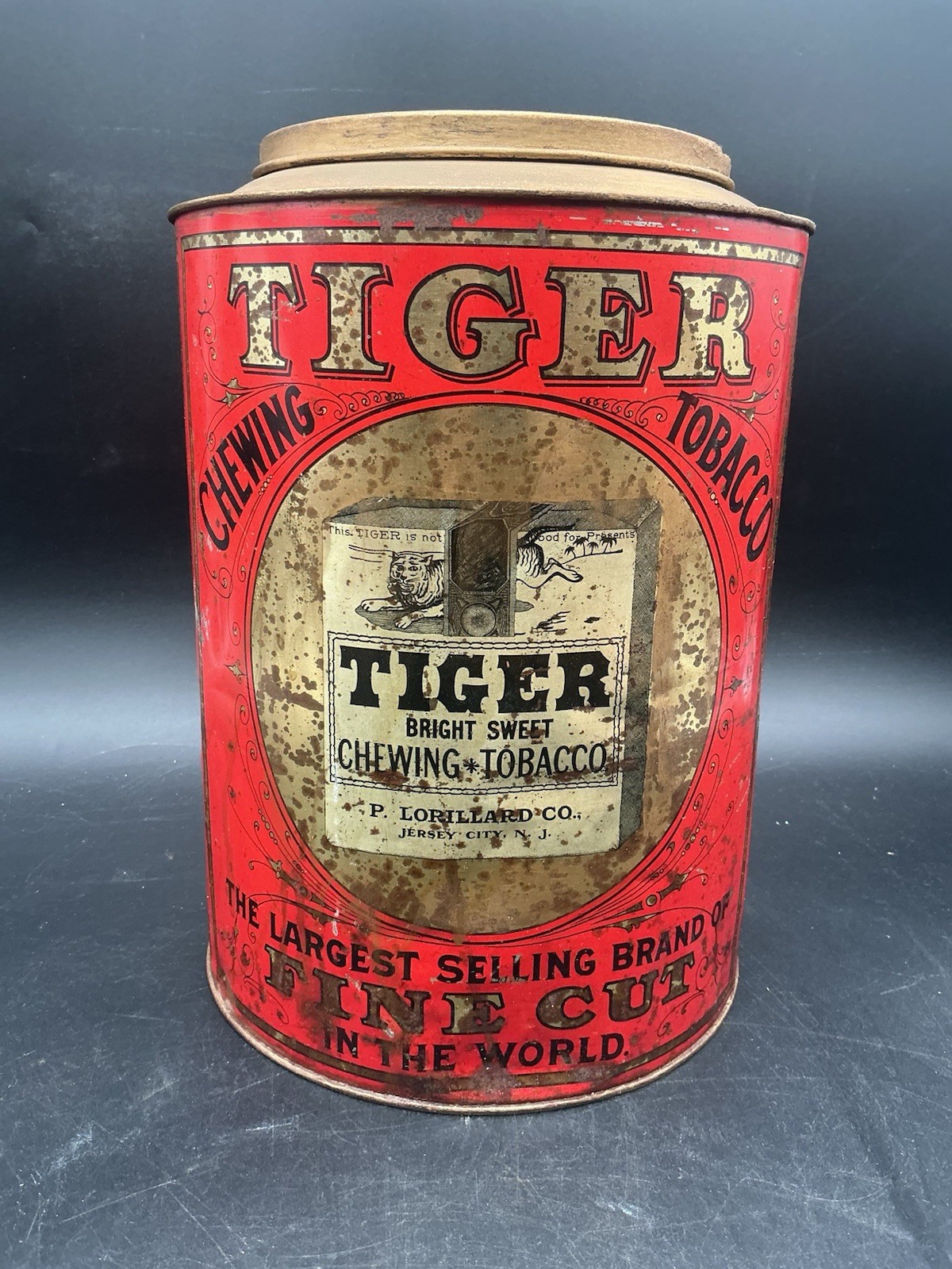 Antique c1905 Tiger Chewing Tobacco Store Tin P Lorillard Lithograph Antique c1905 Tiger Chewing Tobacco Store Tin P Lorillard Lithograph