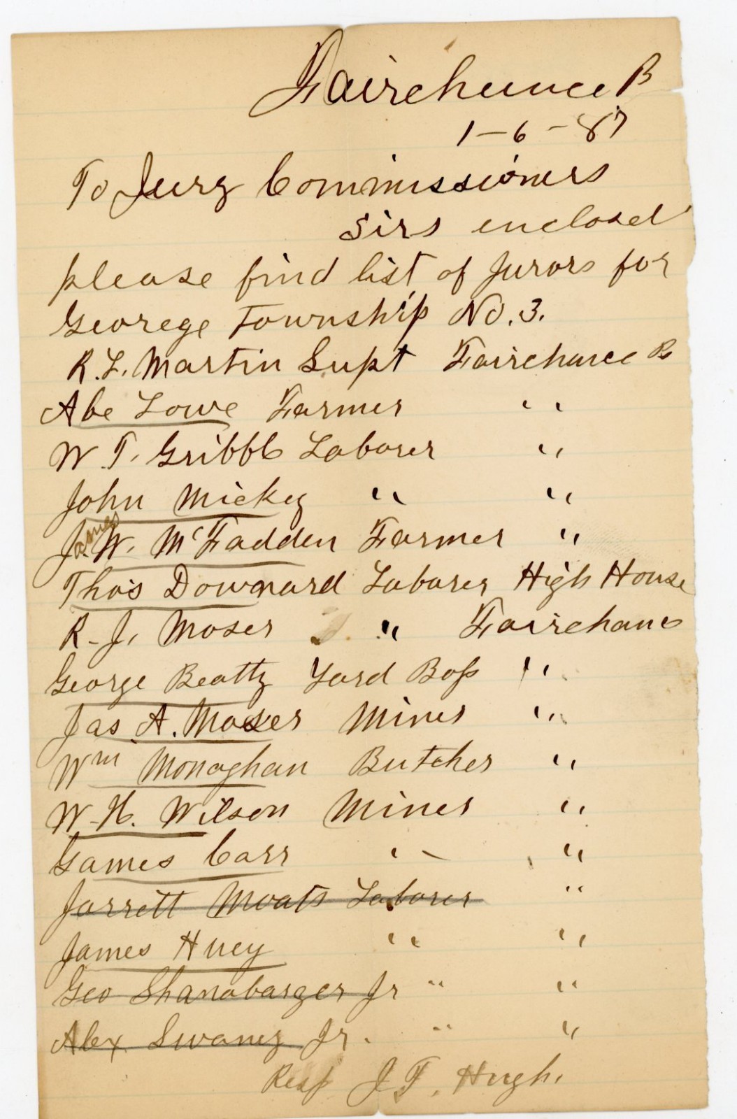 1887 Antique Handwritten Juror List George Township No. 3 Fairchance PA Signed