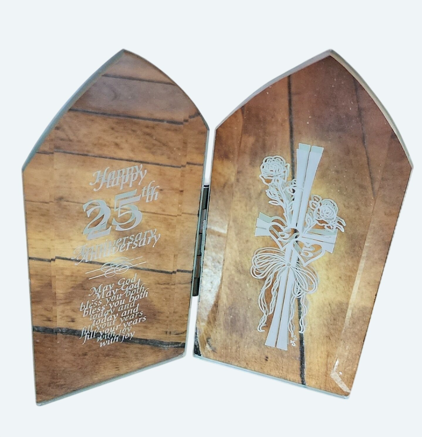 Vtg 25th Anniversary Keepsake Mirrored Plaque Etched Cross & Roses God Bless