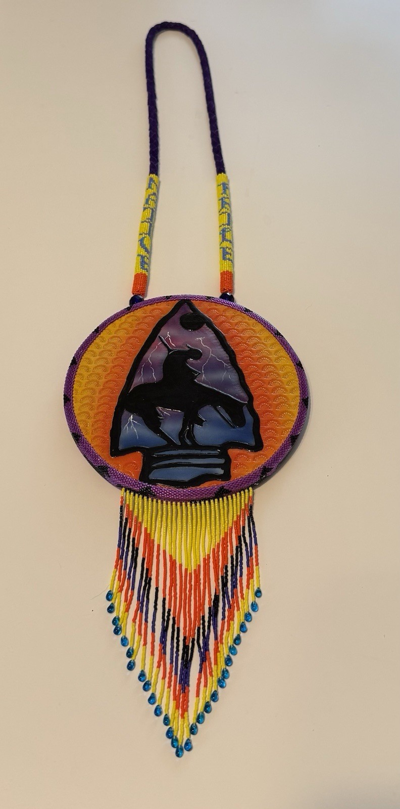 End of the Trails, Handmade Native American Beaded, Painted Medallion Necklace.