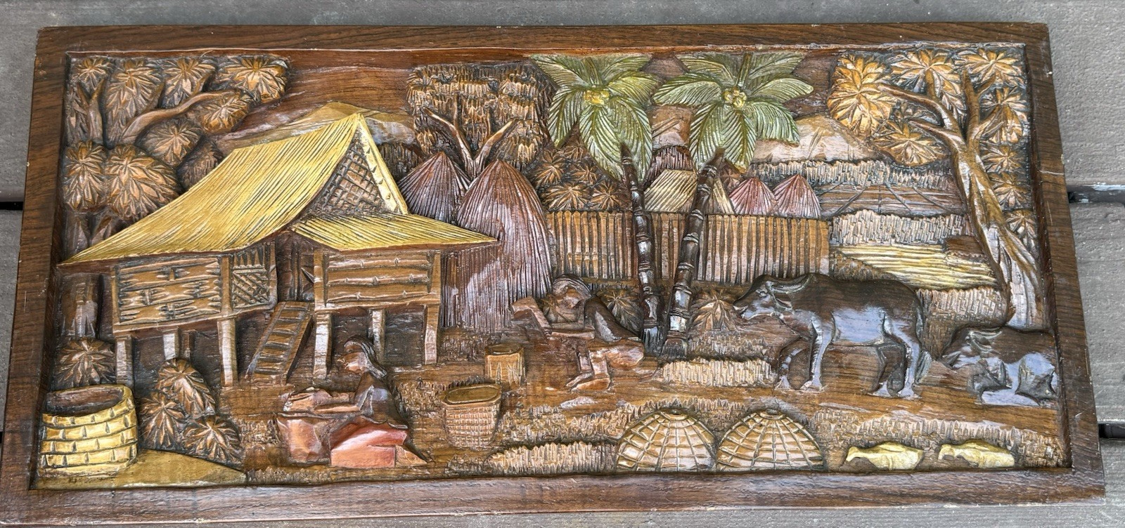 Vintage Hand Carved Panel Scene Of Traditional Village Life 12” X 25”