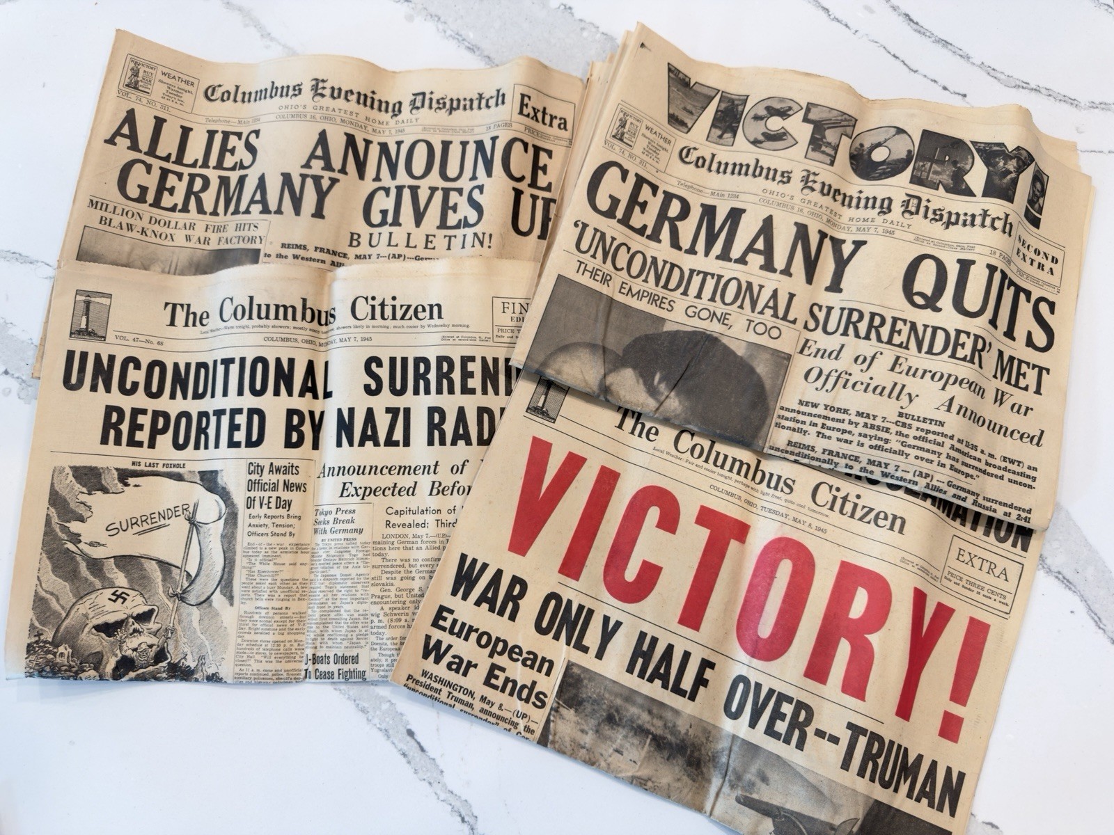 WWII Germany Surrender V-E Day 1945 4 Newspaper Lot Columbus EXTRA Victory
