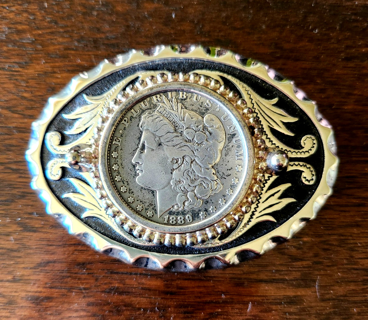 Vintage Real Morgan 1889 Silver Dollar Western Style Belt Buckle, Silver Tone