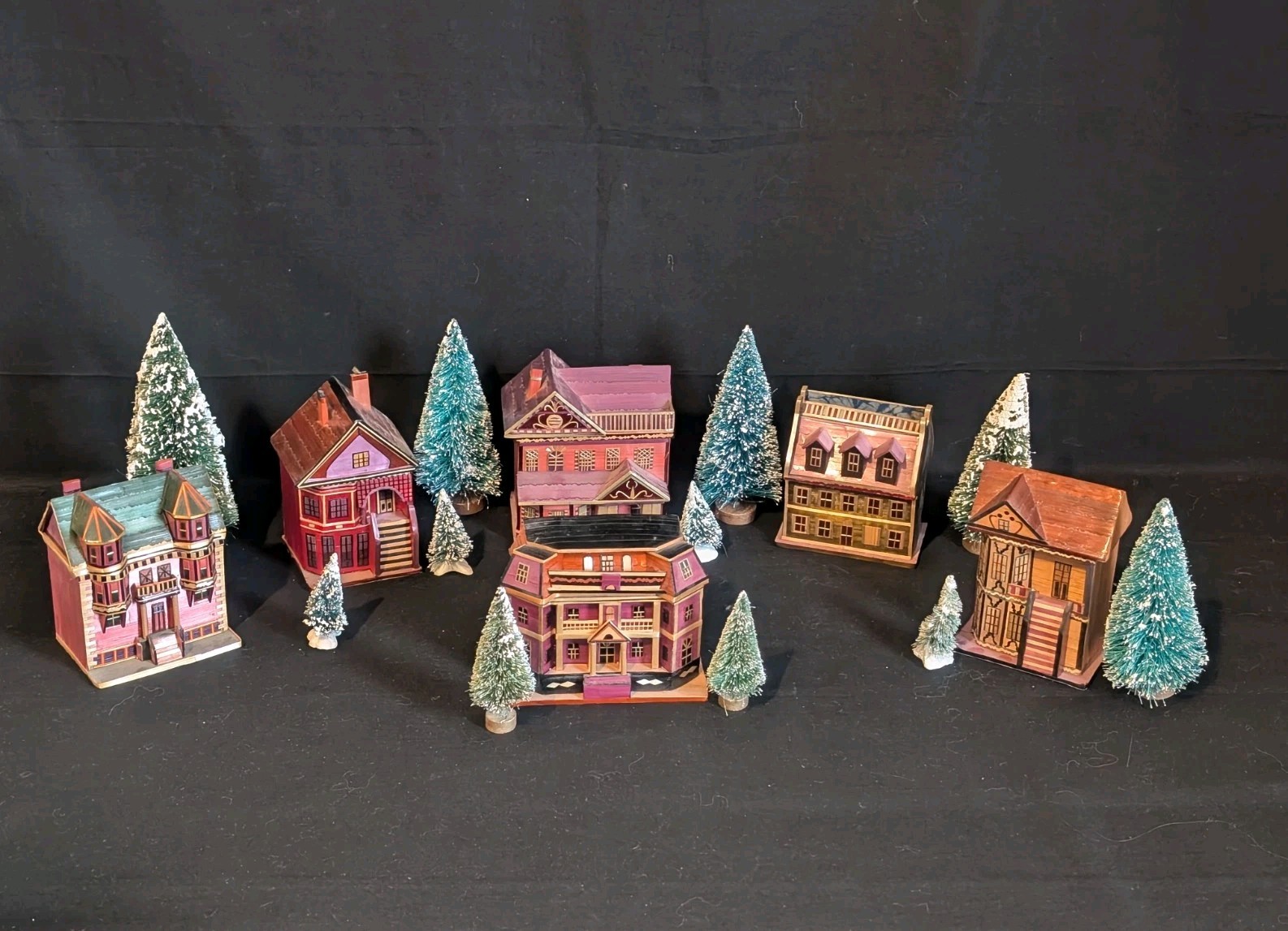 6 Vtg Wheat Straw Balsa Wood Marquetry House Trinket Boxes & Bottle Brush Trees