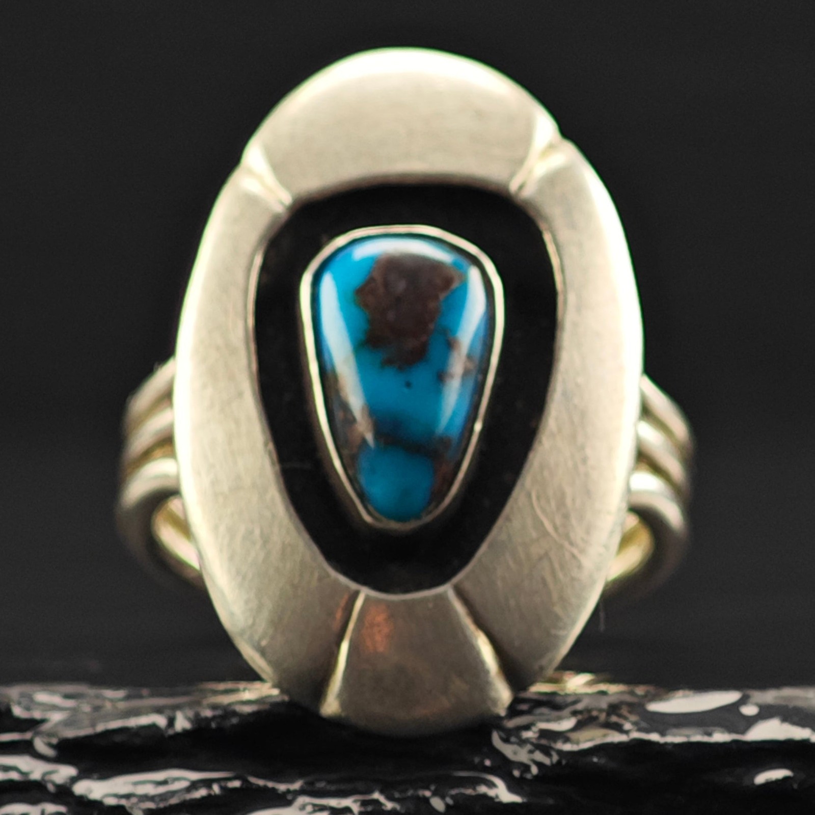 Native American Bisbee Turquoise Shadow Box Ring Sterling Silver Sz 7 Native American Bisbee Turquoise Shadow Box Ring Sterling Silver Sz 7