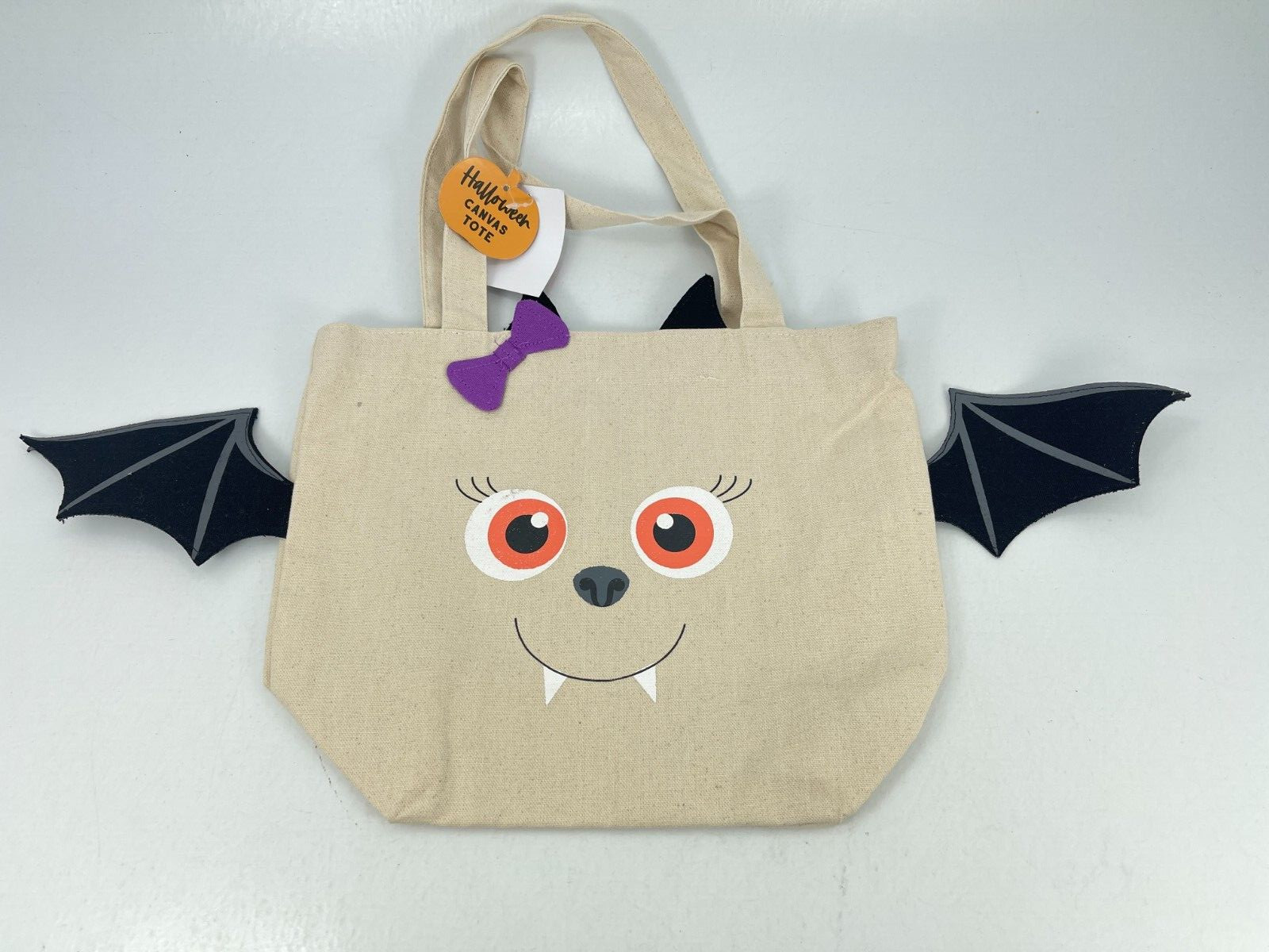 Eccolo Halloween Canvas Tote Bat Vampire Purple Bow Girls Candy Bag Handles -NEW