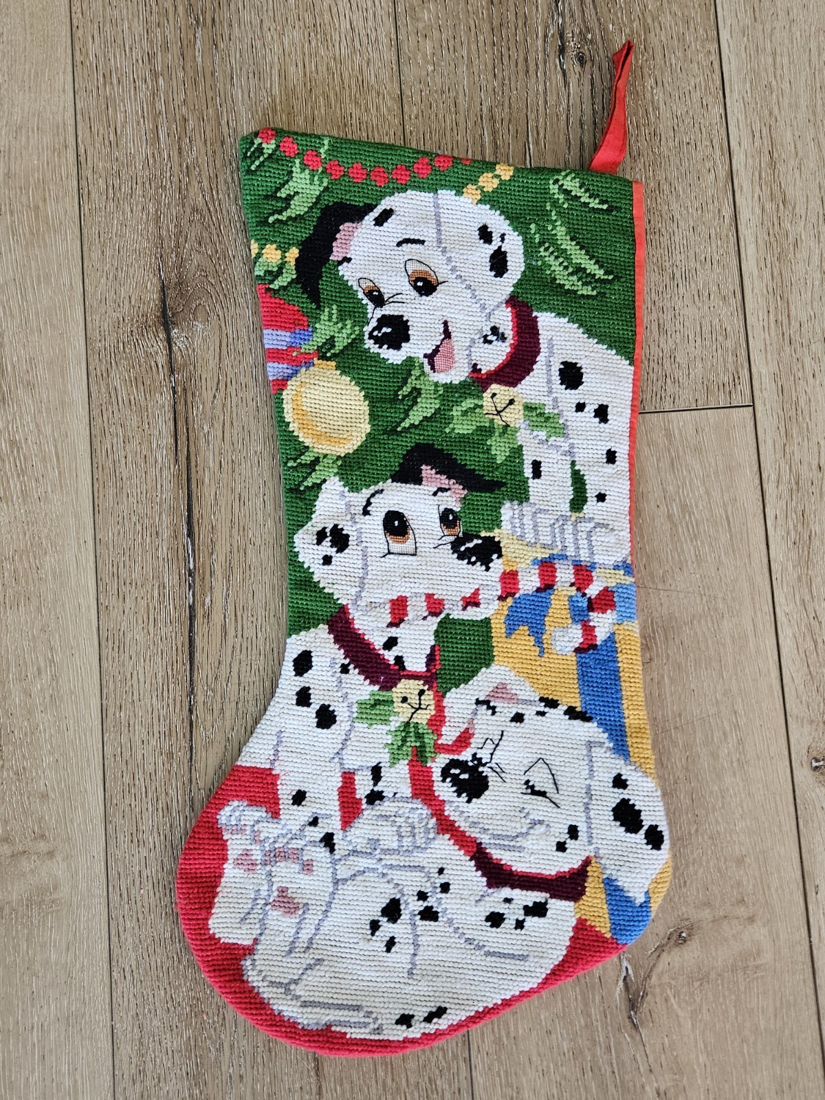Clean 90s EUC Vintage 101 Dalmatians Disney Needlepoint Christmas Stocking 18\