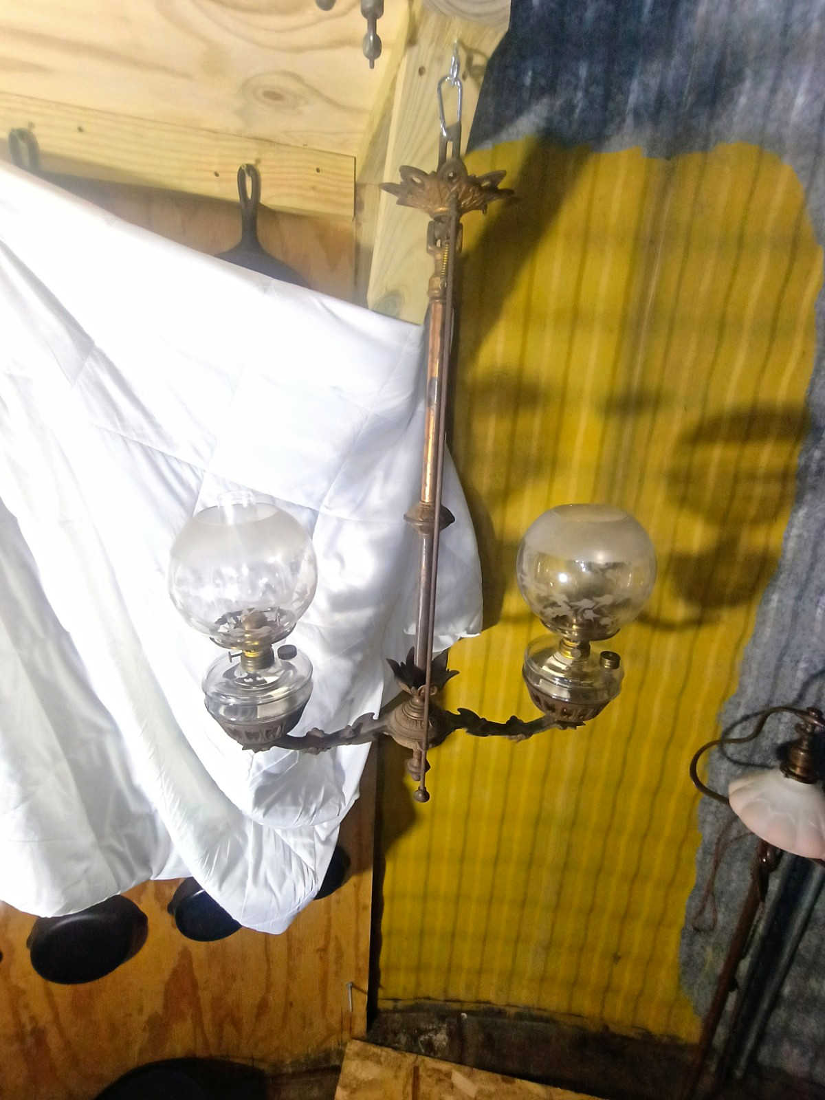 Rare Antique Victorian 2 Light Hanging Angle Lamp Etched Acid Cut Glass Globes