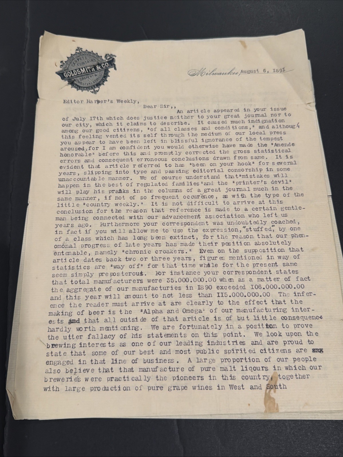 1891 MILWAUKEE WI LETTER TO HARPERS WEEKLY BREWING PABST BUILDING PFISTER GERMAN