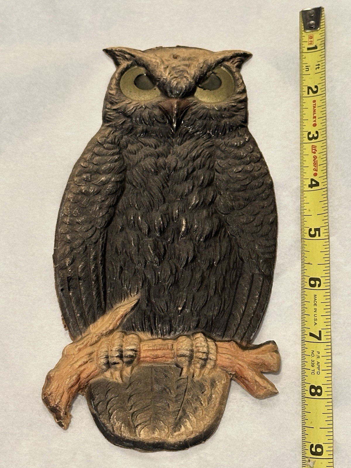Antique Vintage Halloween German Embossed Owl on Branch Die Cut Decoration 1920s