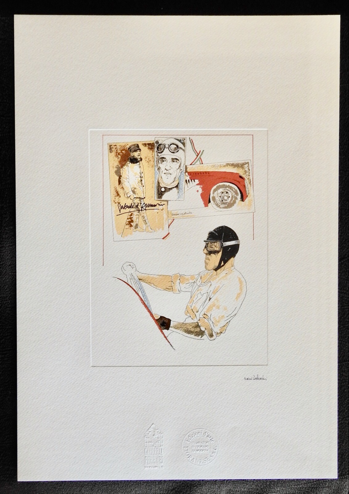 Tazio NUVOLARI FERRARI Nani TEDESCHI Lithograph Gabriele d'Annunzio