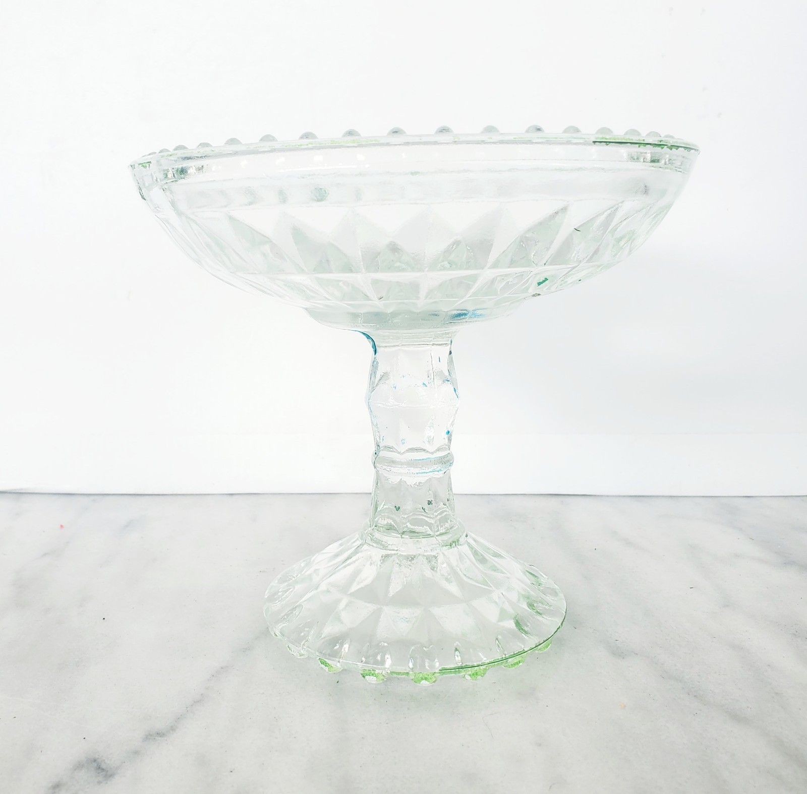 VTG Jeanette Clear Slight Green Glass Pedestal Compote Candy Dish Diamond Block