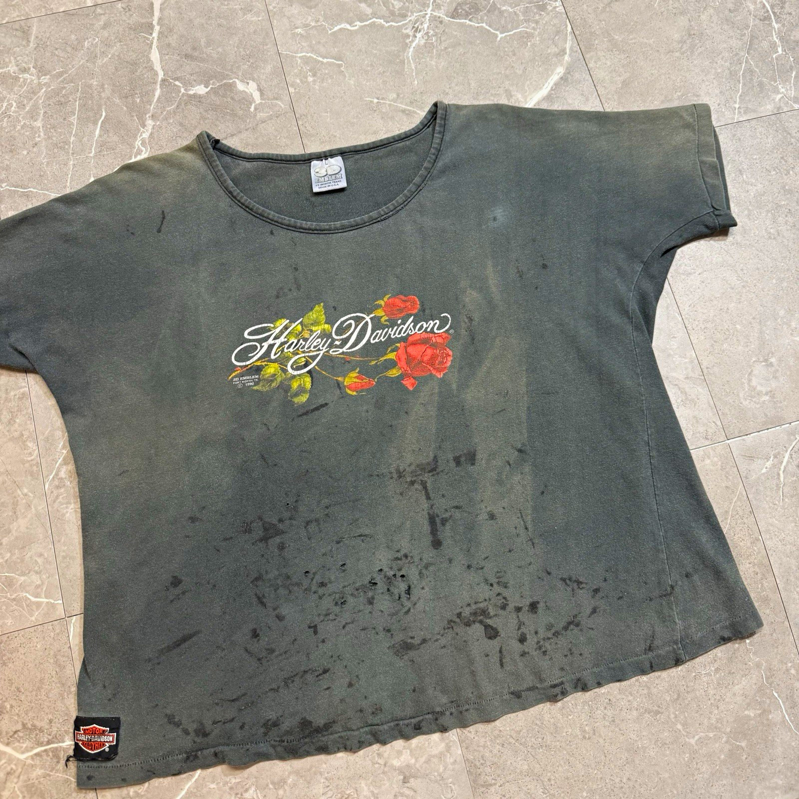 Vintage 1990 Harley-Davidson roses 3d emblem faded stained worm T shirt size L