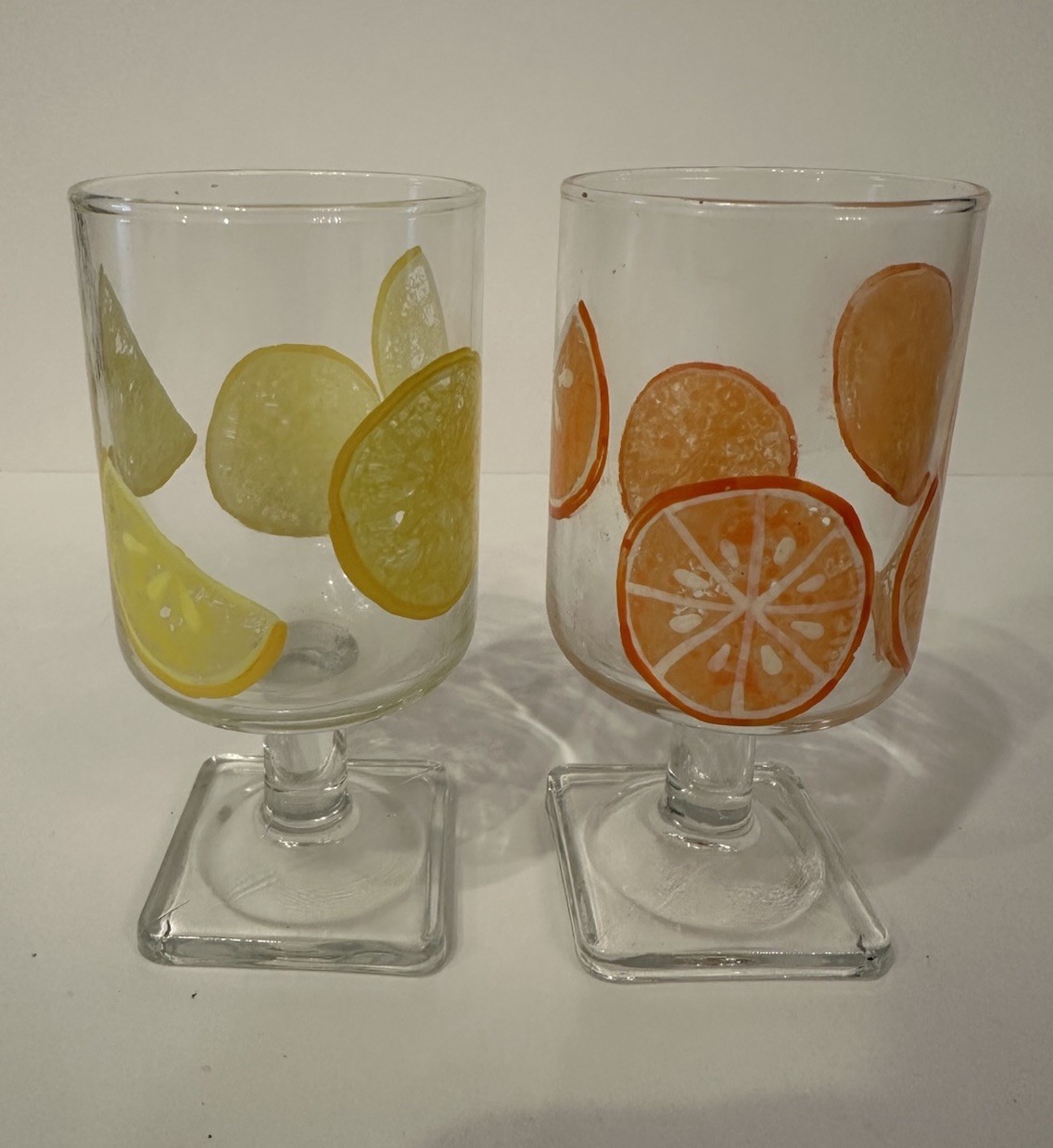 Retro Clear Stemmed Glass Juice Glasses w/ Yellow & Orange Enamel Fruit 1960s