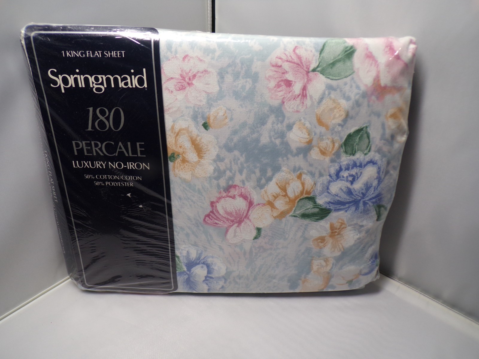 Vintage Springmaid Powder Rose Blue King Size Flat Sheet 80s Deco NEW  Package