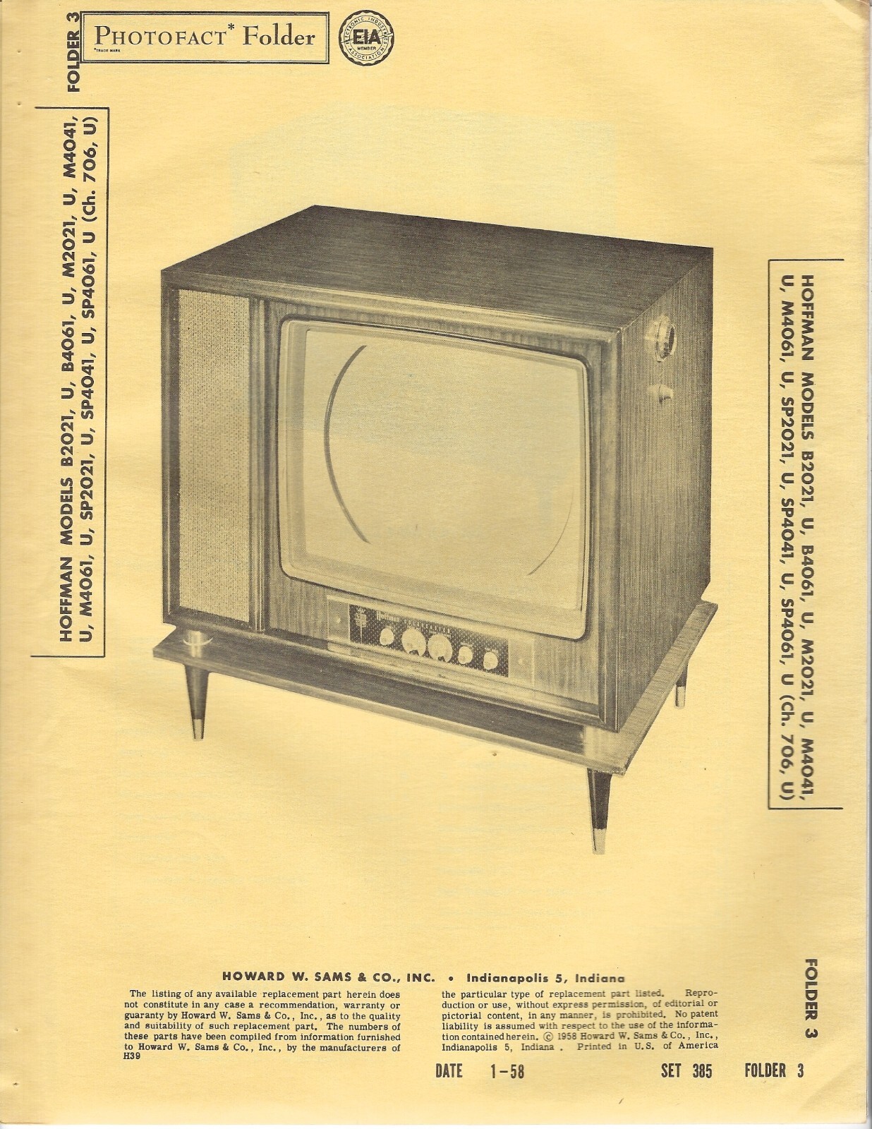 1958 HOFFMAN B2021 TELEVISION Tv Photofact MANUAL B4061 M2021 M4041 M4061 706 U