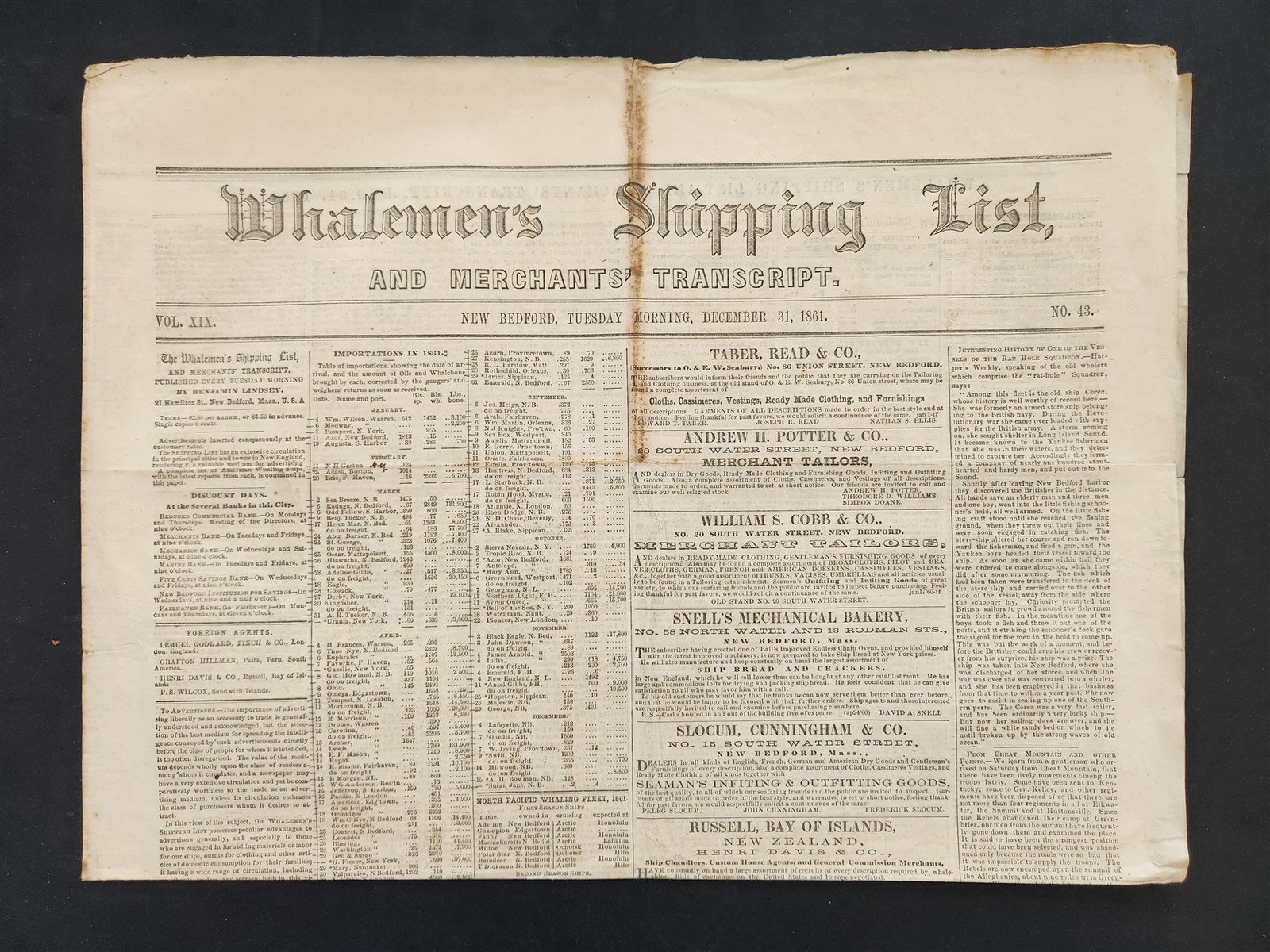 1861 antique CIVIL WAR WHALEMEN\'S SHIPPING LIST NEWS new bedford D31 sperm whale