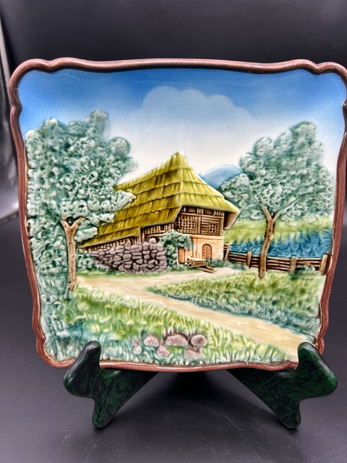 Germany Majolica Bas Relief Plate-Barn in the Woods