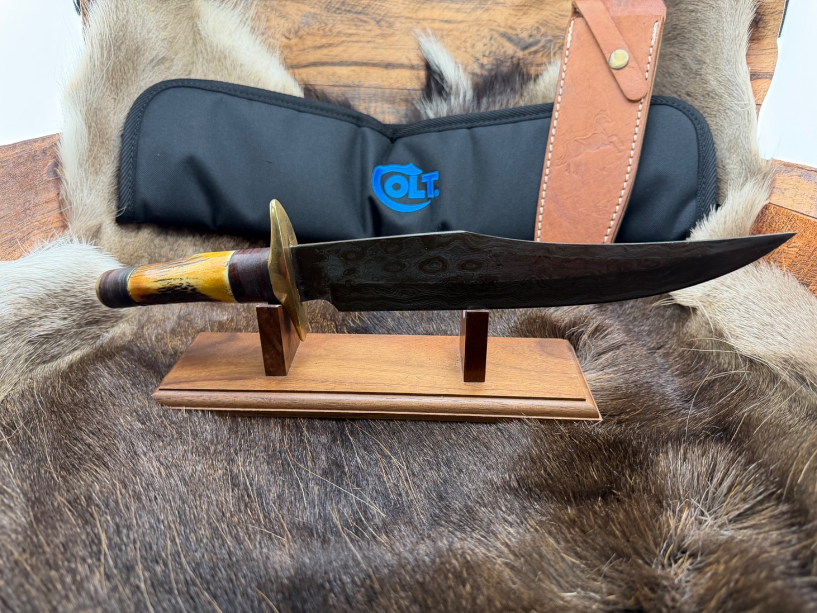 Sam Colt Knife Bowie Knife With Stag Handle & Leather Sheath Mint In Pouch C12