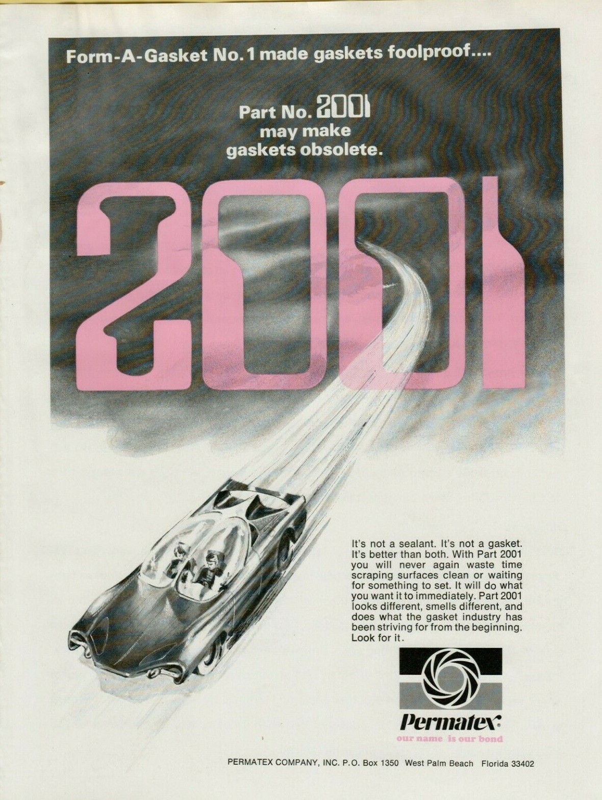 1973 Permatex Part No. 2001 Form-a-Gasket Car of the Future Vintage Print Ad 