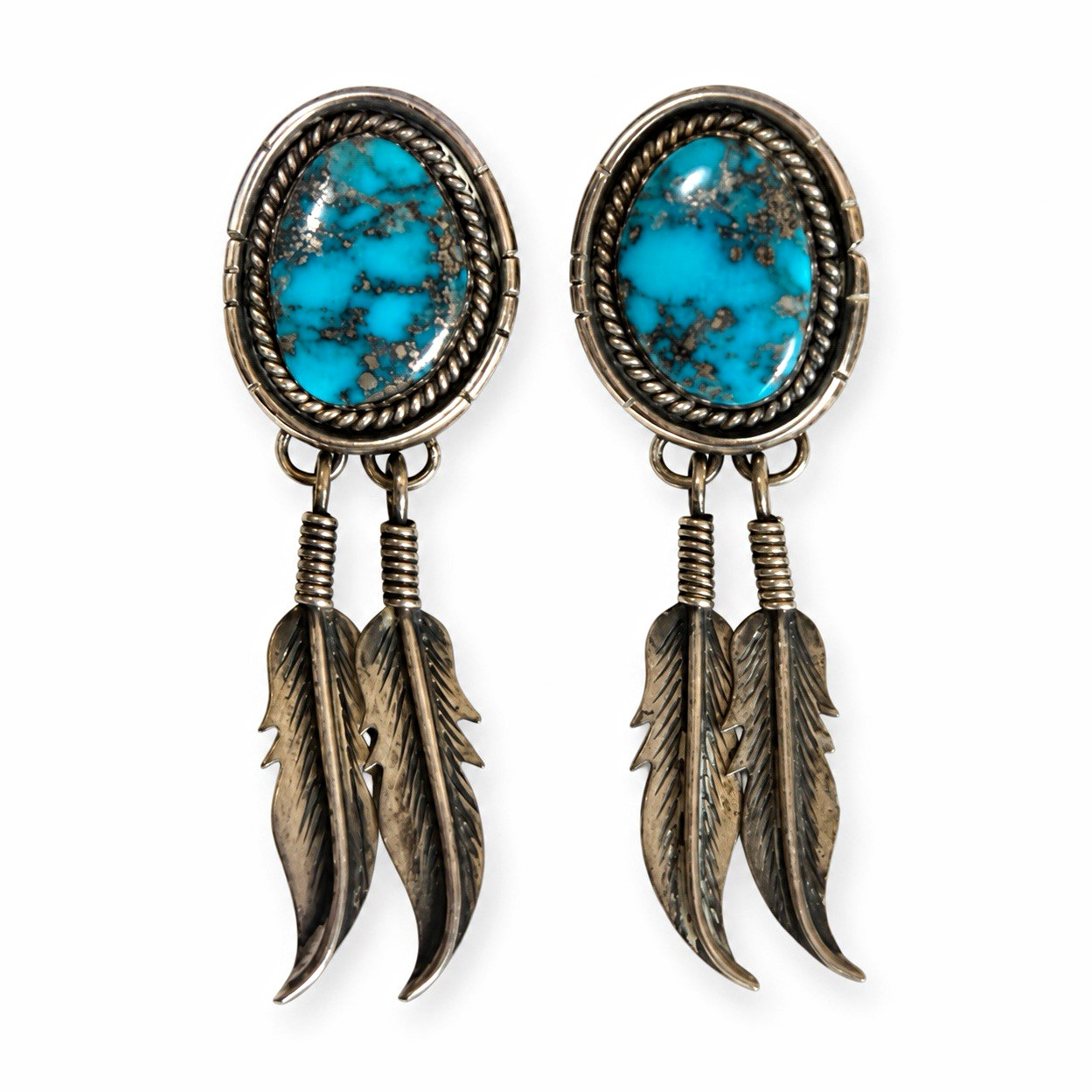 Vintage Sterling Silver Turquoise Oval Feather Dangle Earrings -Stamped STERLING