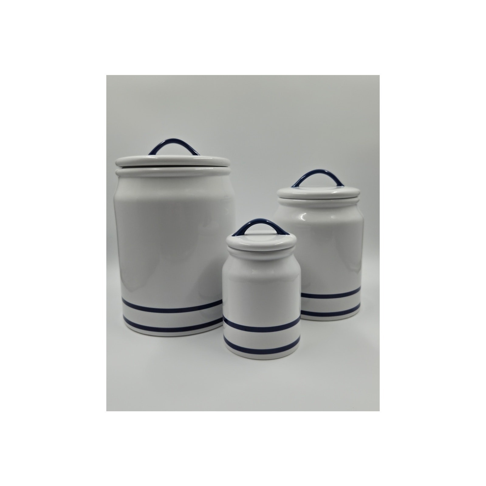 Martha Stewart Farmhouse White w/ Blue Stripe Ceramic Canister Set