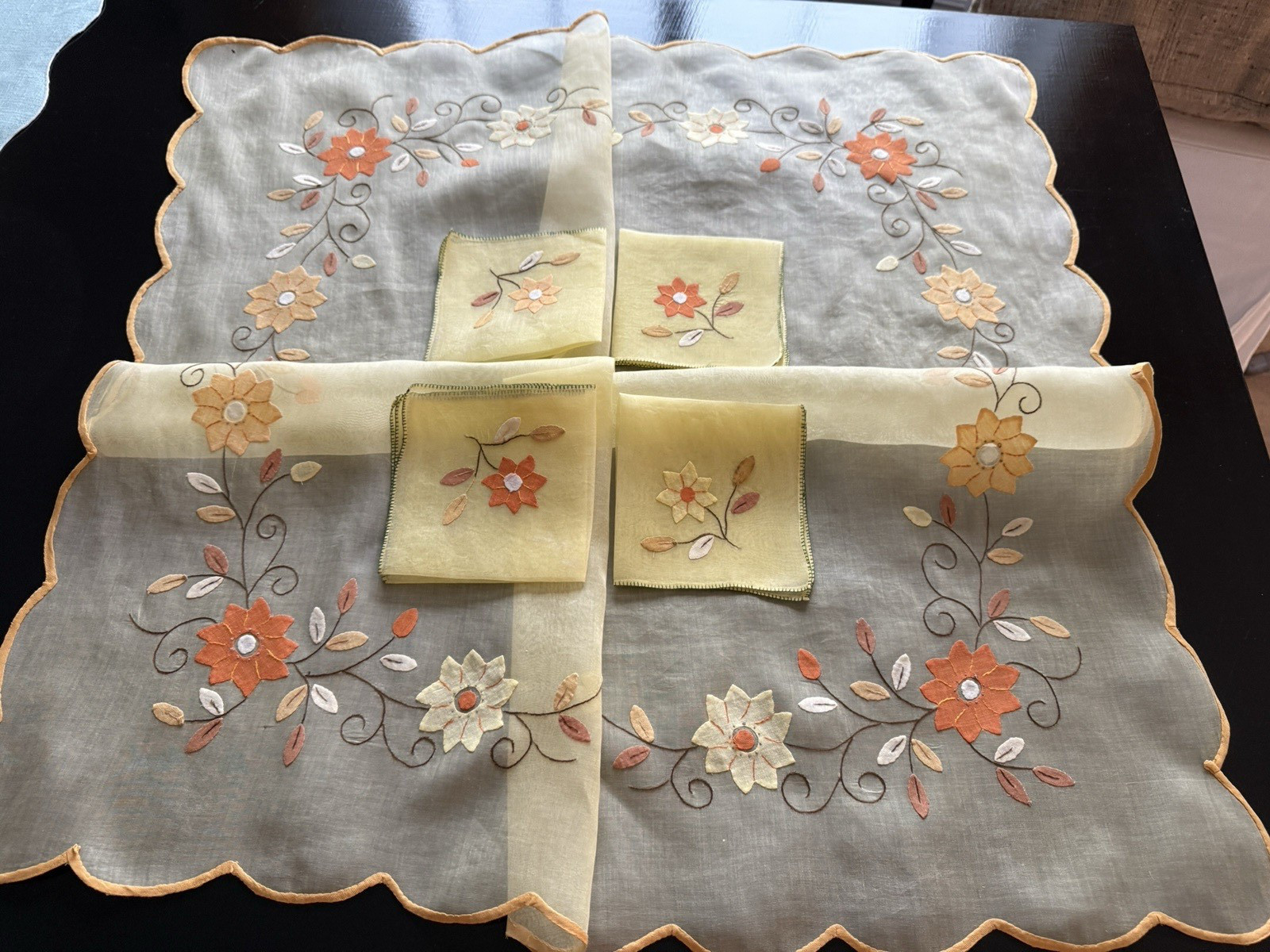 Vintage Tablecloth 4 Napkins Organdy Applique Yellow Orange Brown Fall