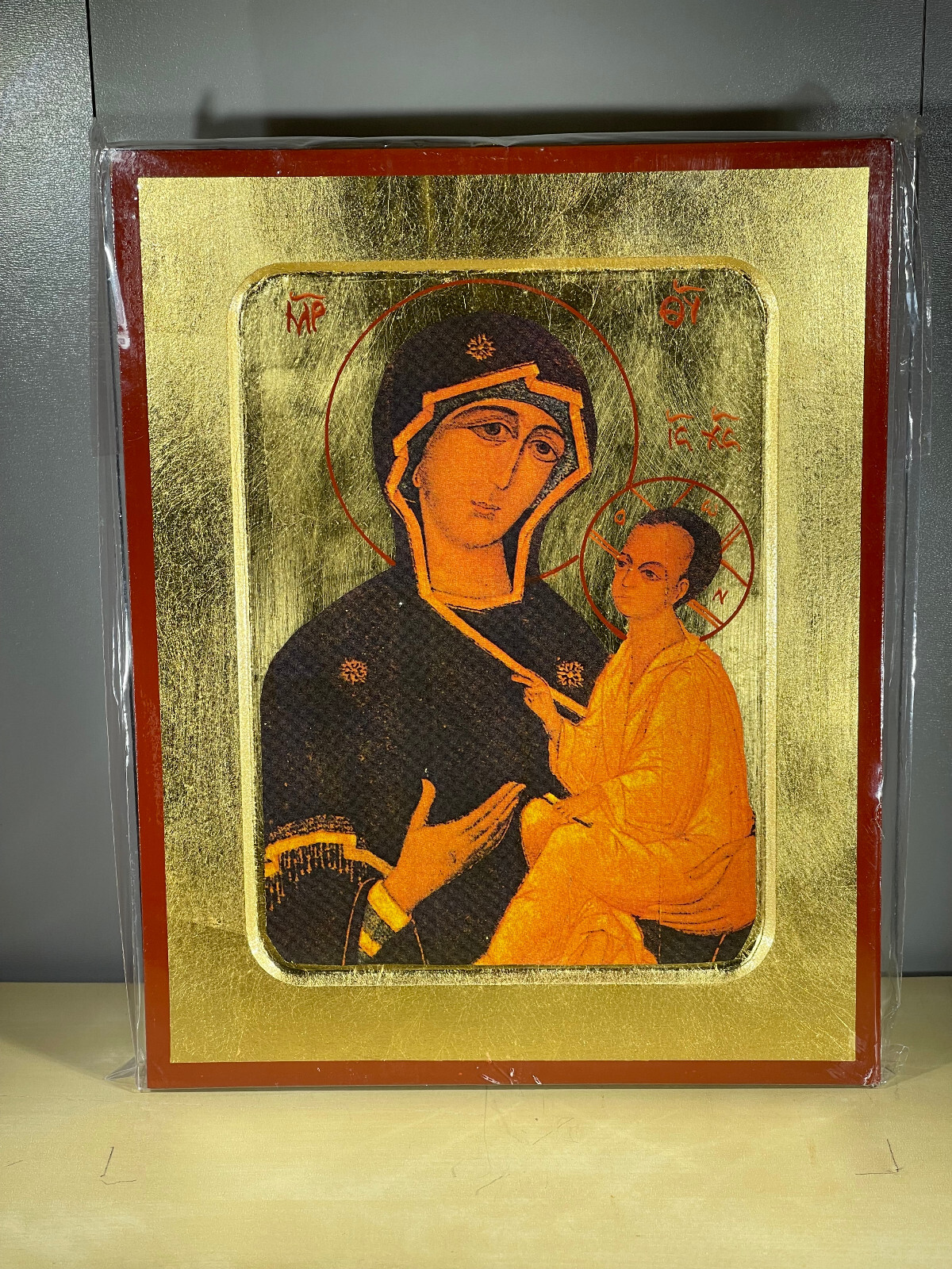 VIRGIN AND CHILD, HODEGETRIA, OF TIKHVIN-Wooden Icon carved with gold leaves8x10
