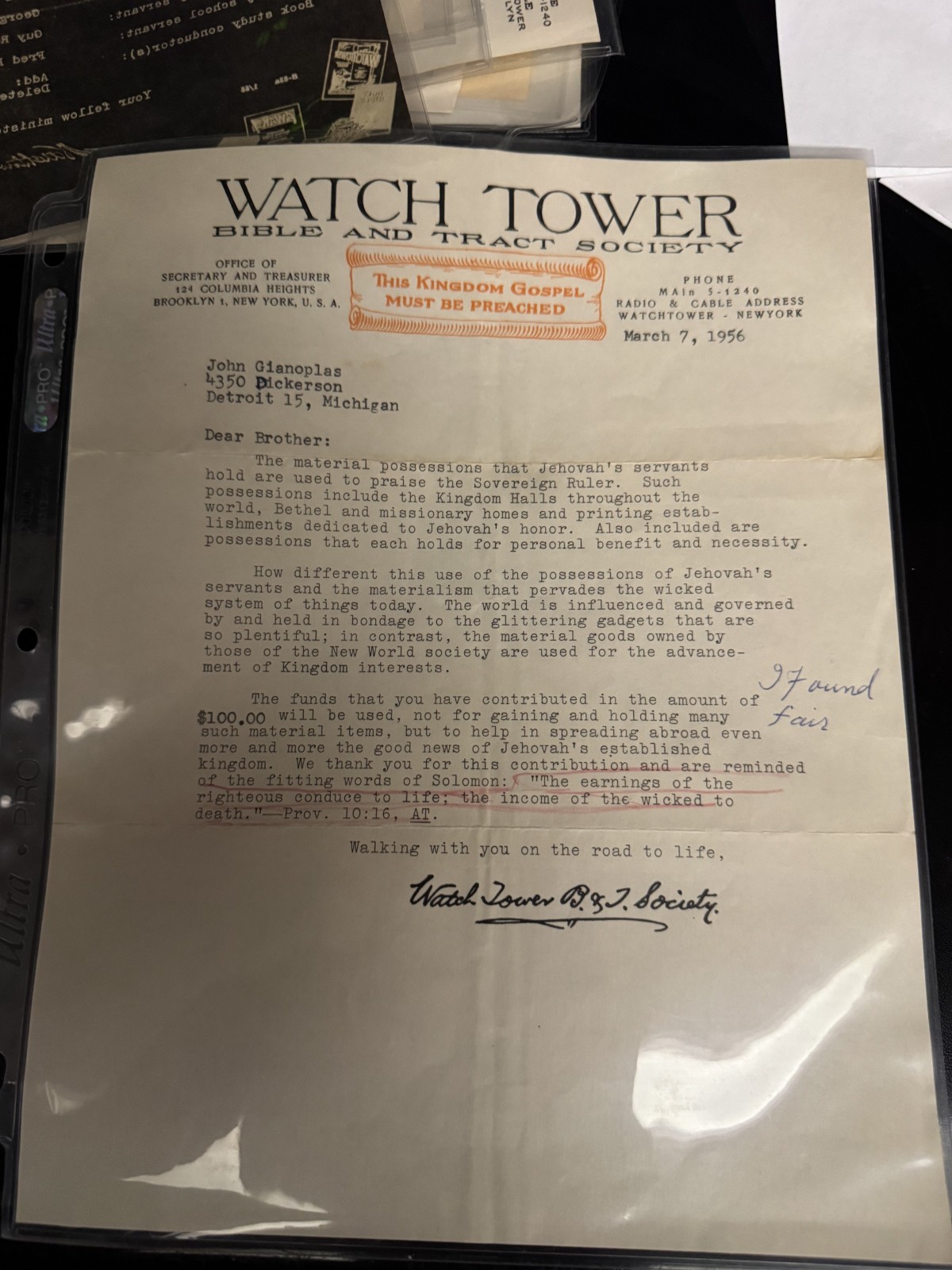 WATCHTOWER CONTRIBUTION LETTER 1956