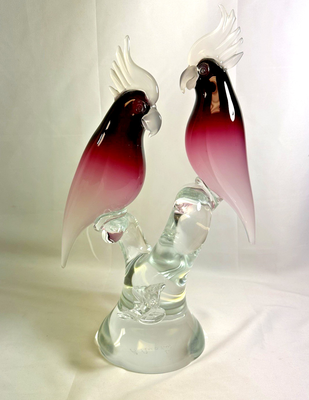Renato Anatra Signed Murano Glass Cockatoos Sculpture Cranberry 17.5 