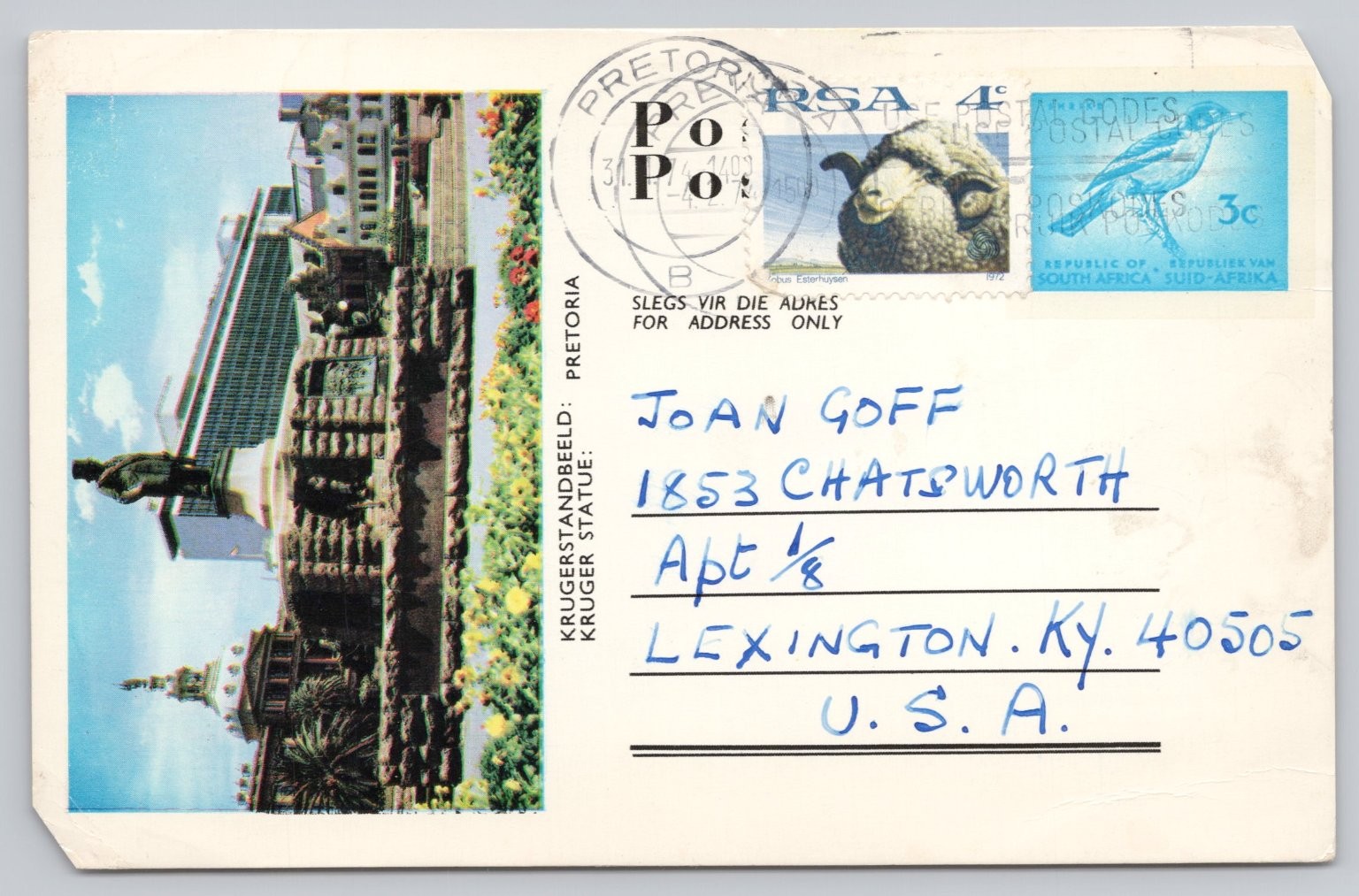 1974 Pretoria South Africa Kruger Statue Old Parliament Building Postcard