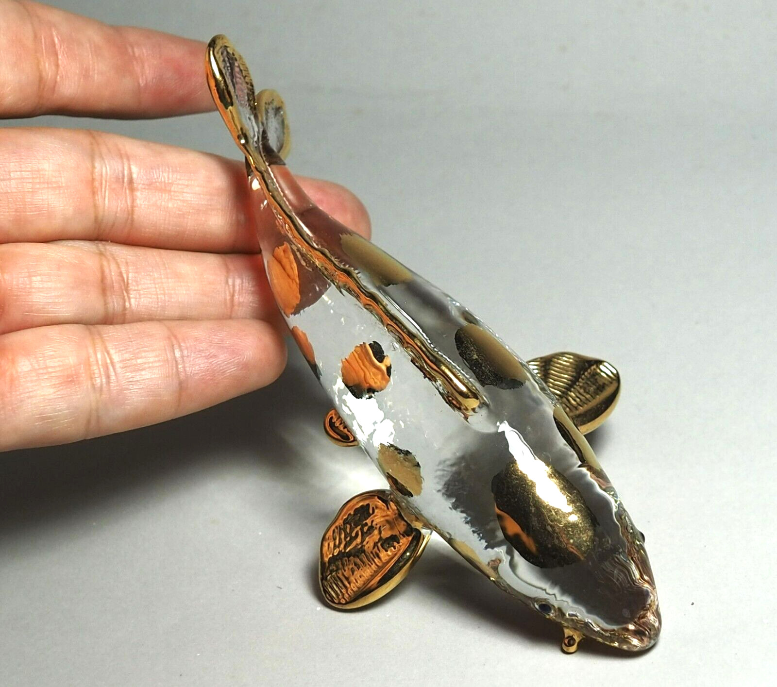 Japanese CARP Koi Fish figurine hand blown clear glass gold trim 4.75\