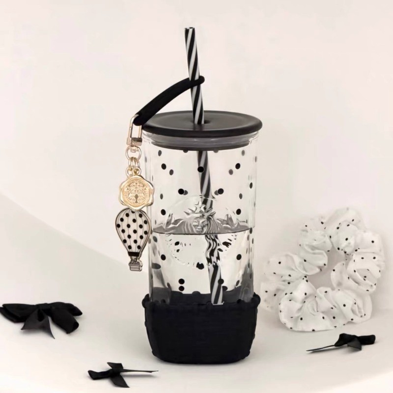 Starbucks China 2026 Retro Black Polka Dot 18oz Glass Straw Cup w/ Charm Starbucks China 2026 Retro Black Polka Dot 18oz Glass Straw Cup w/ Charm