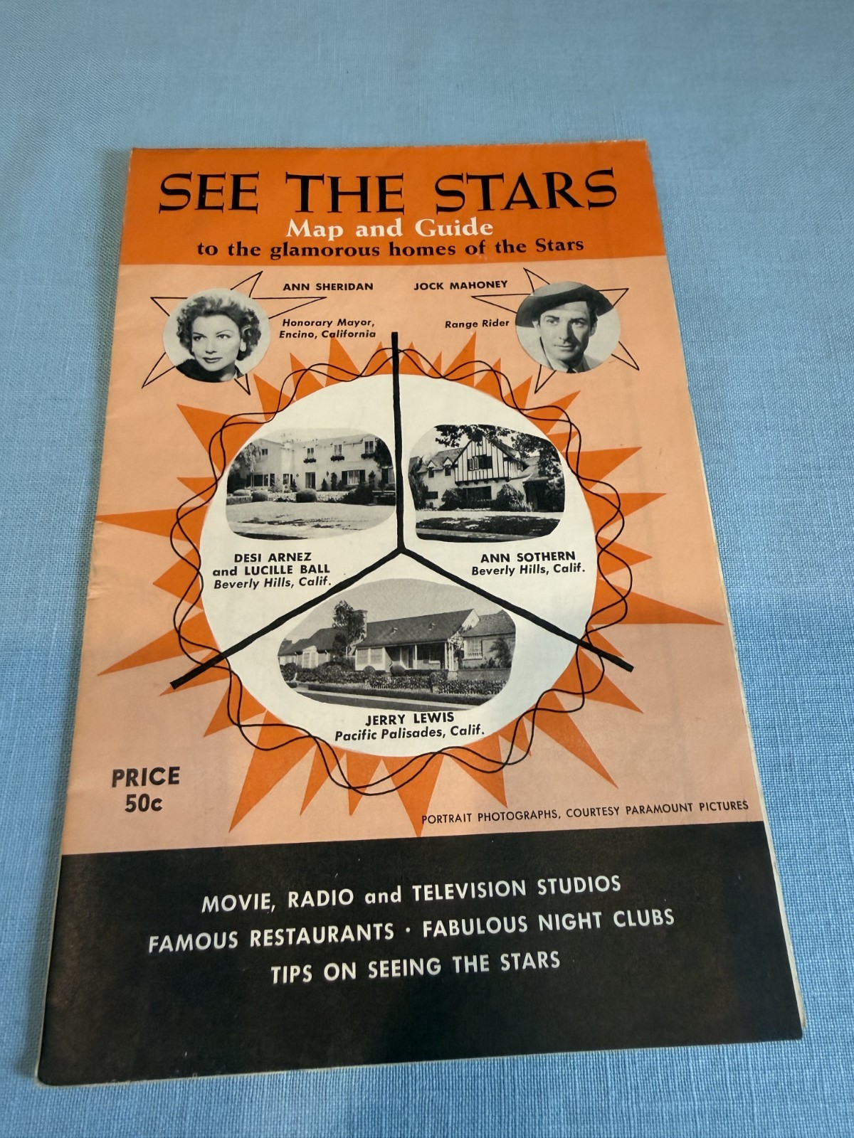 1958 LARGE FOLDING MAP of HOLLYWOOD GLAMOROUS HOMES OF THE MOVIE / TV  STARS