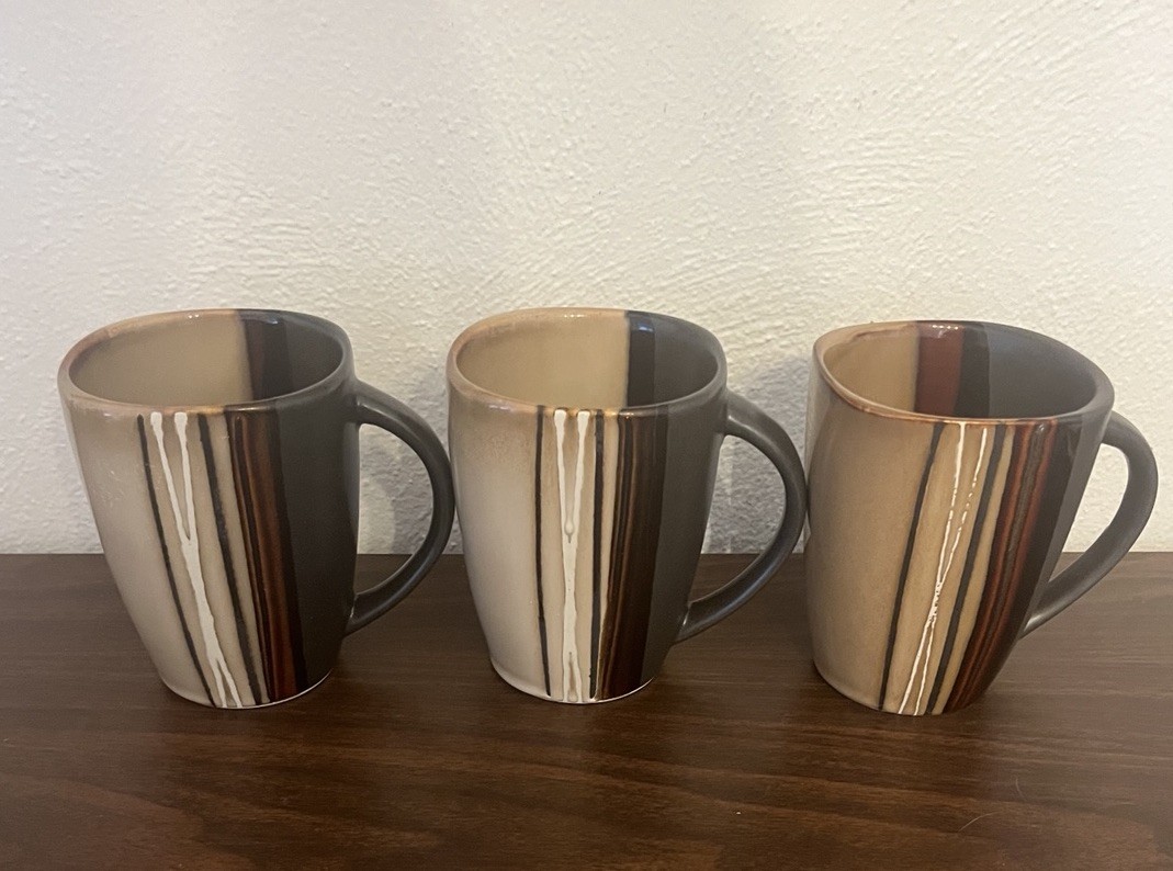 3 VTG Better Homes And Garden Bazaar Brown Grey Stoneware Coffee Mugs Stripes