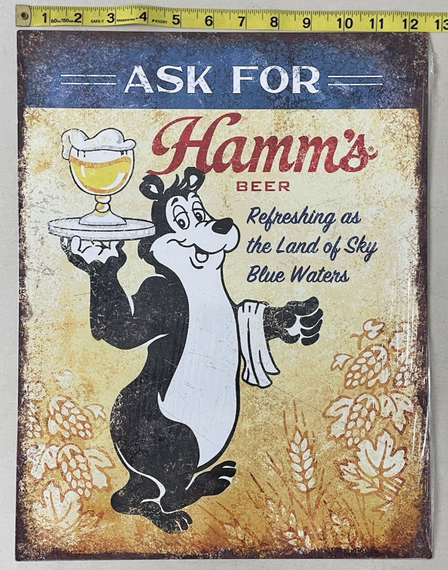 Ask For Hamm\'s Beer Land Of Sky Blue Waters Tin Bar Beer Sign 16 X 12.5