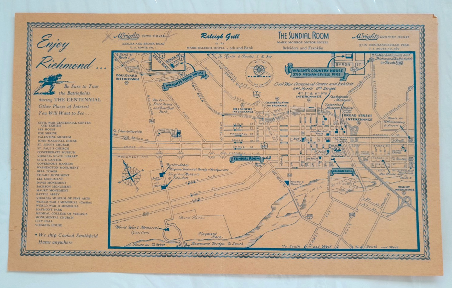 Richmond VA - Sundial Room, Raleigh Grill, Wright\'s - Vintage Placemat with Map