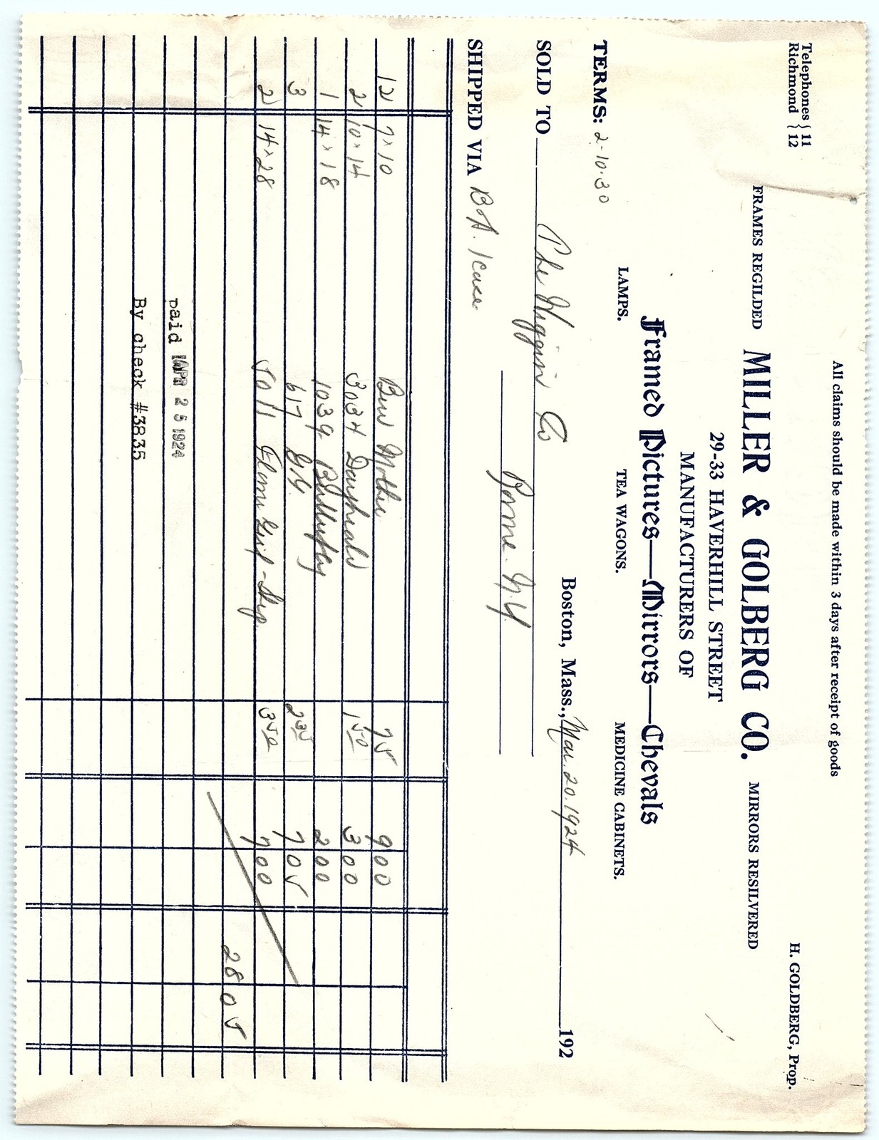 1924 Miller & Golberg Co. Billhead - Boston, MA Picture Fram