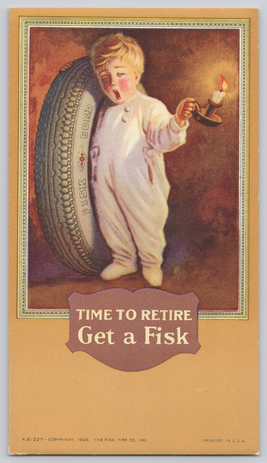 1926 Fisk Tire Co Boy With Candle & Tire Advertising Ink Blotter B2-77